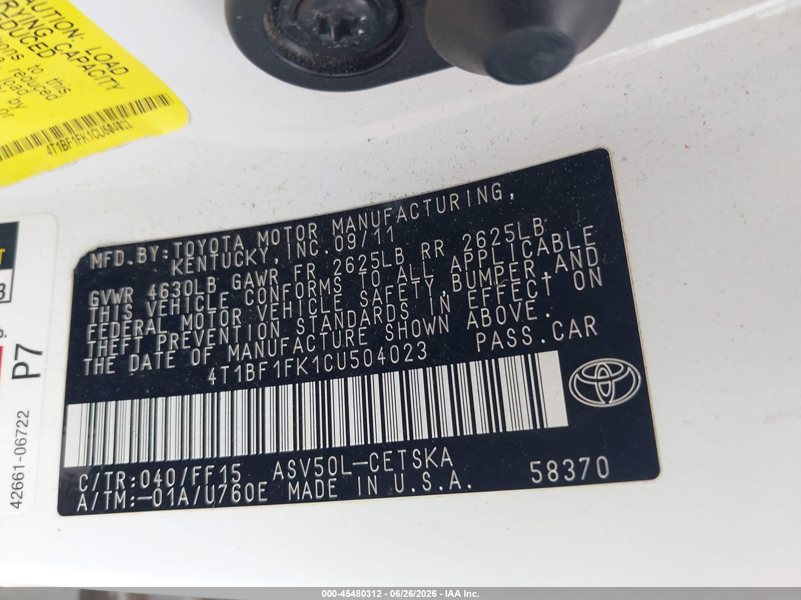 2012 Toyota Camry Se White vin: 4T1BF1FK1CU504023