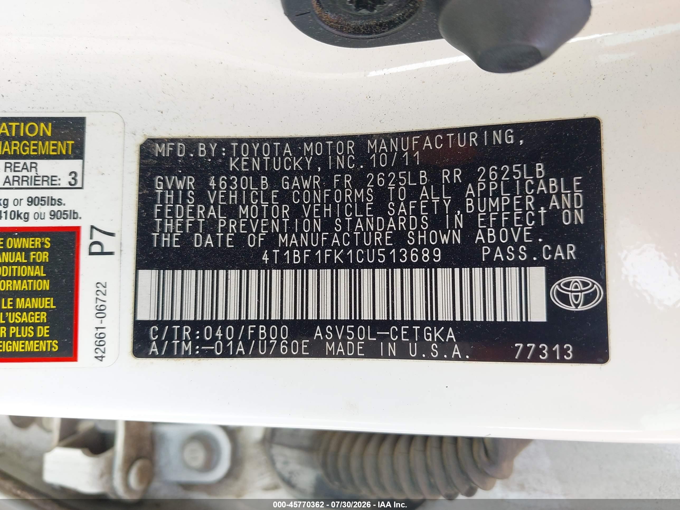 2012 Toyota Camry Xle White vin: 4T1BF1FK1CU513689