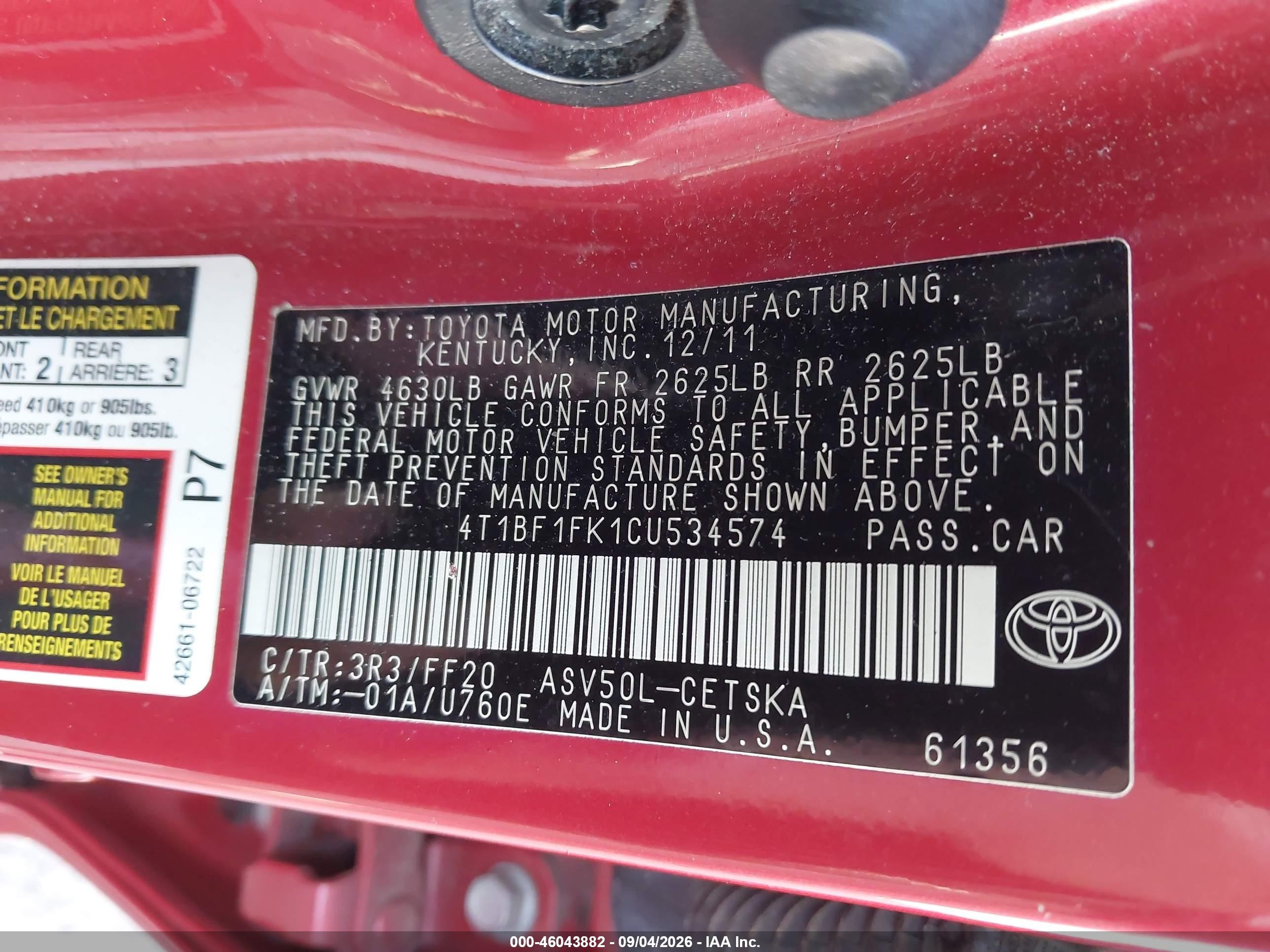 2012 Toyota Camry Se Red vin: 4T1BF1FK1CU534574