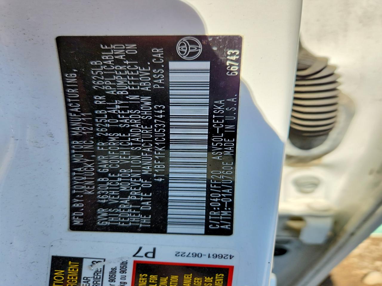 2012 Toyota Camry Se White vin: 4T1BF1FK1CU537443