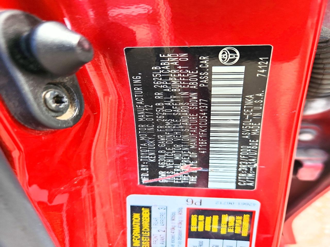 2012 Toyota Camry Le Red vin: 4T1BF1FK1CU541377