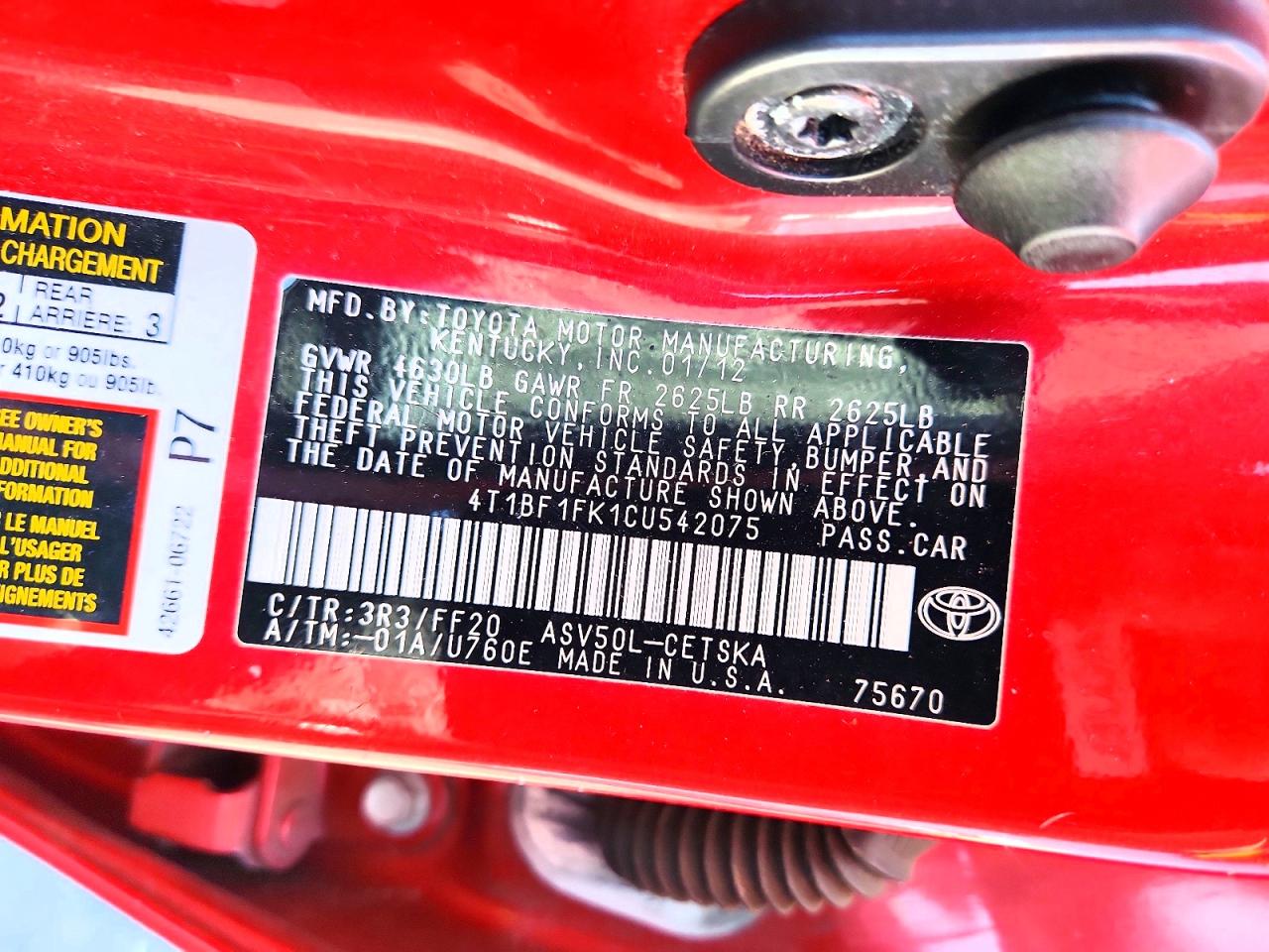 2012 Toyota Camry Se Red vin: 4T1BF1FK1CU542075