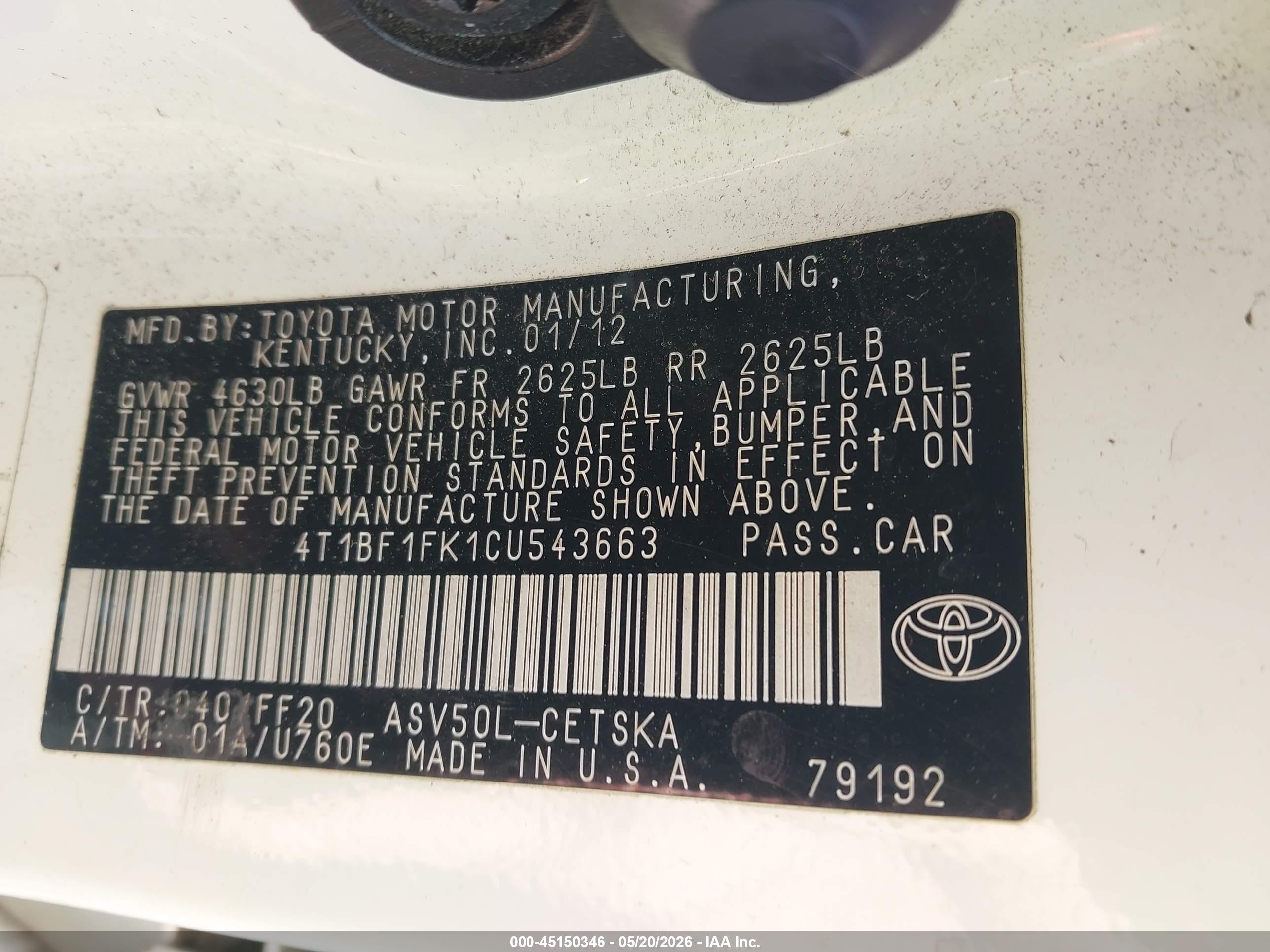 2012 Toyota Camry Se White vin: 4T1BF1FK1CU543663
