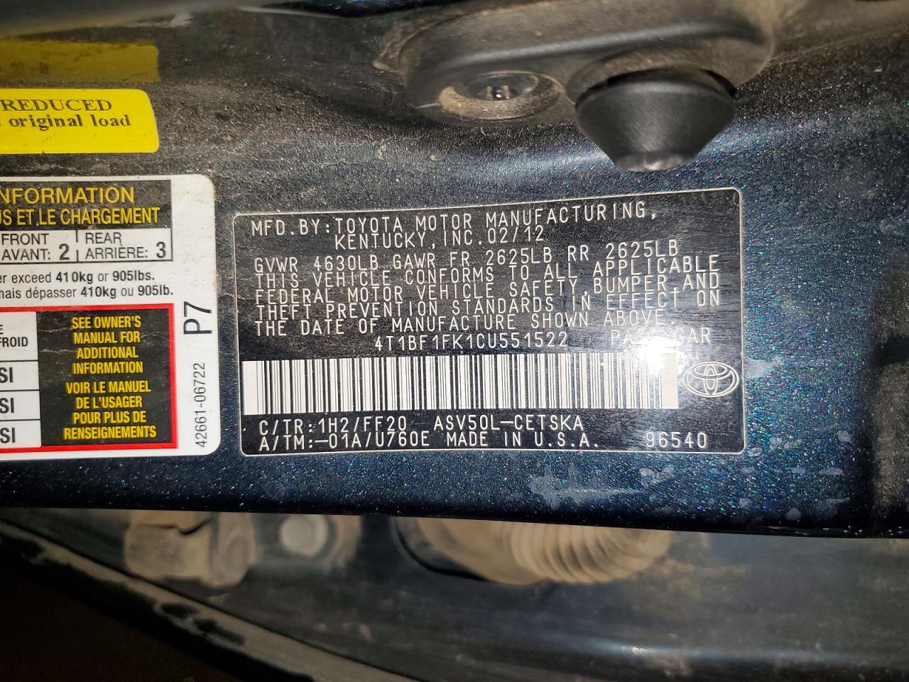 2012 Toyota Camry Se Blue vin: 4T1BF1FK1CU551522