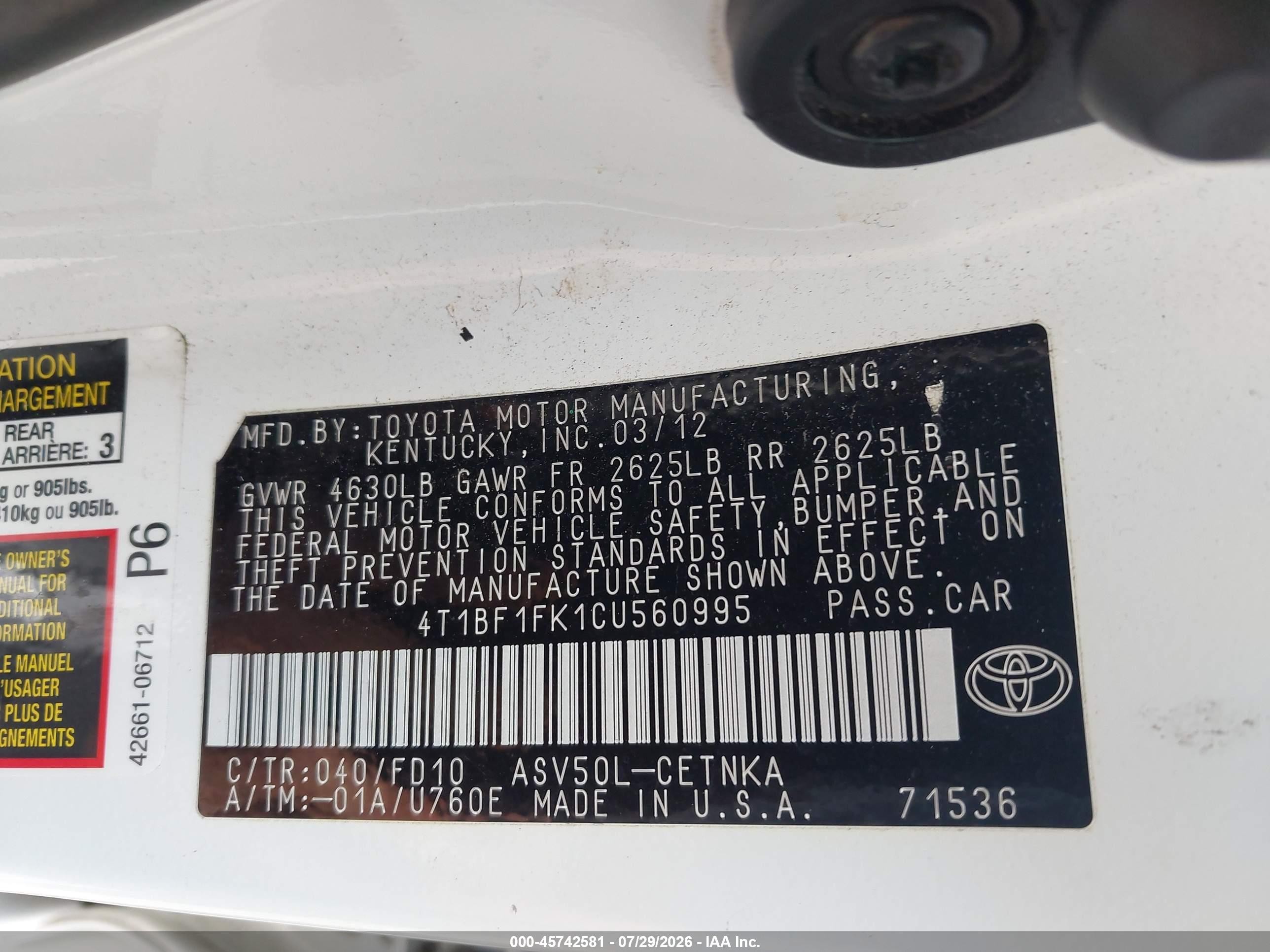 2012 Toyota Camry Le Белый vin: 4T1BF1FK1CU560995