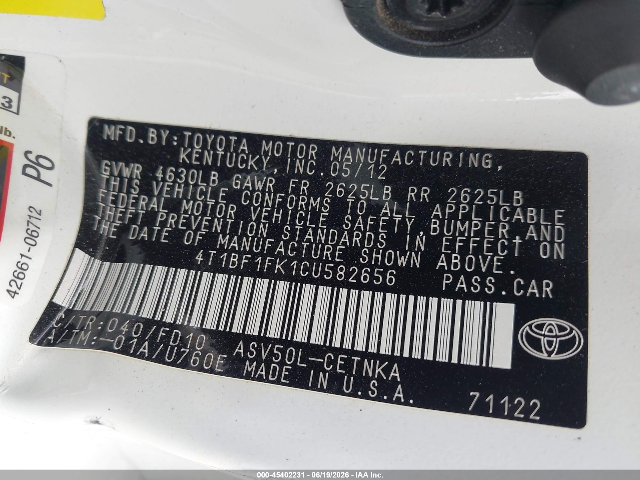 2012 Toyota Camry Le White vin: 4T1BF1FK1CU582656