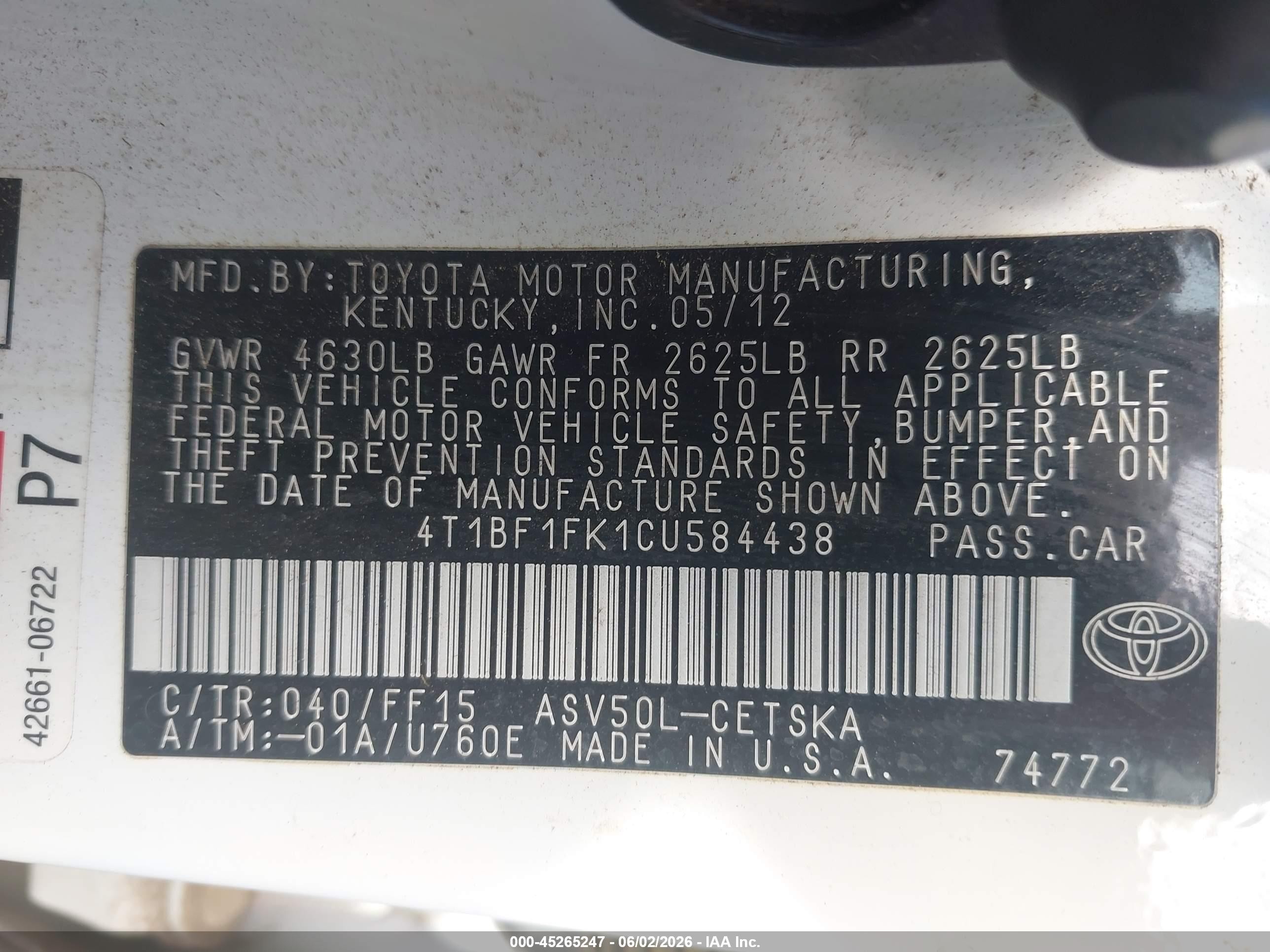 2012 Toyota Camry Se White vin: 4T1BF1FK1CU584438