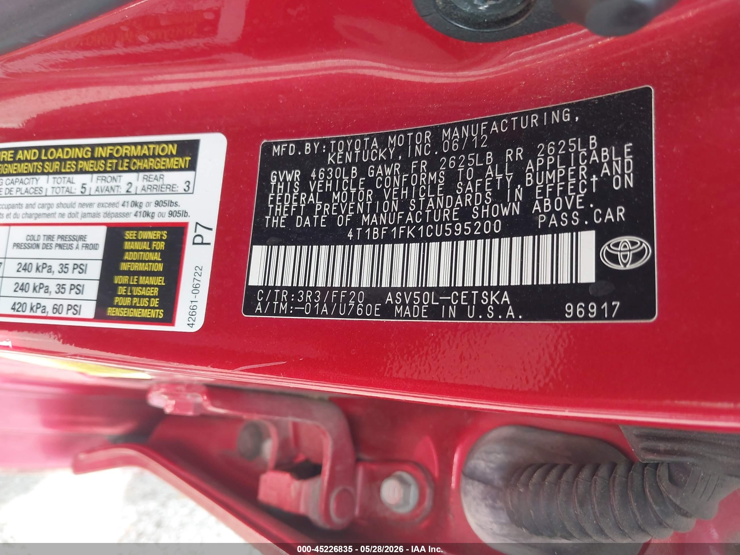2012 Toyota Camry Se Red vin: 4T1BF1FK1CU595200