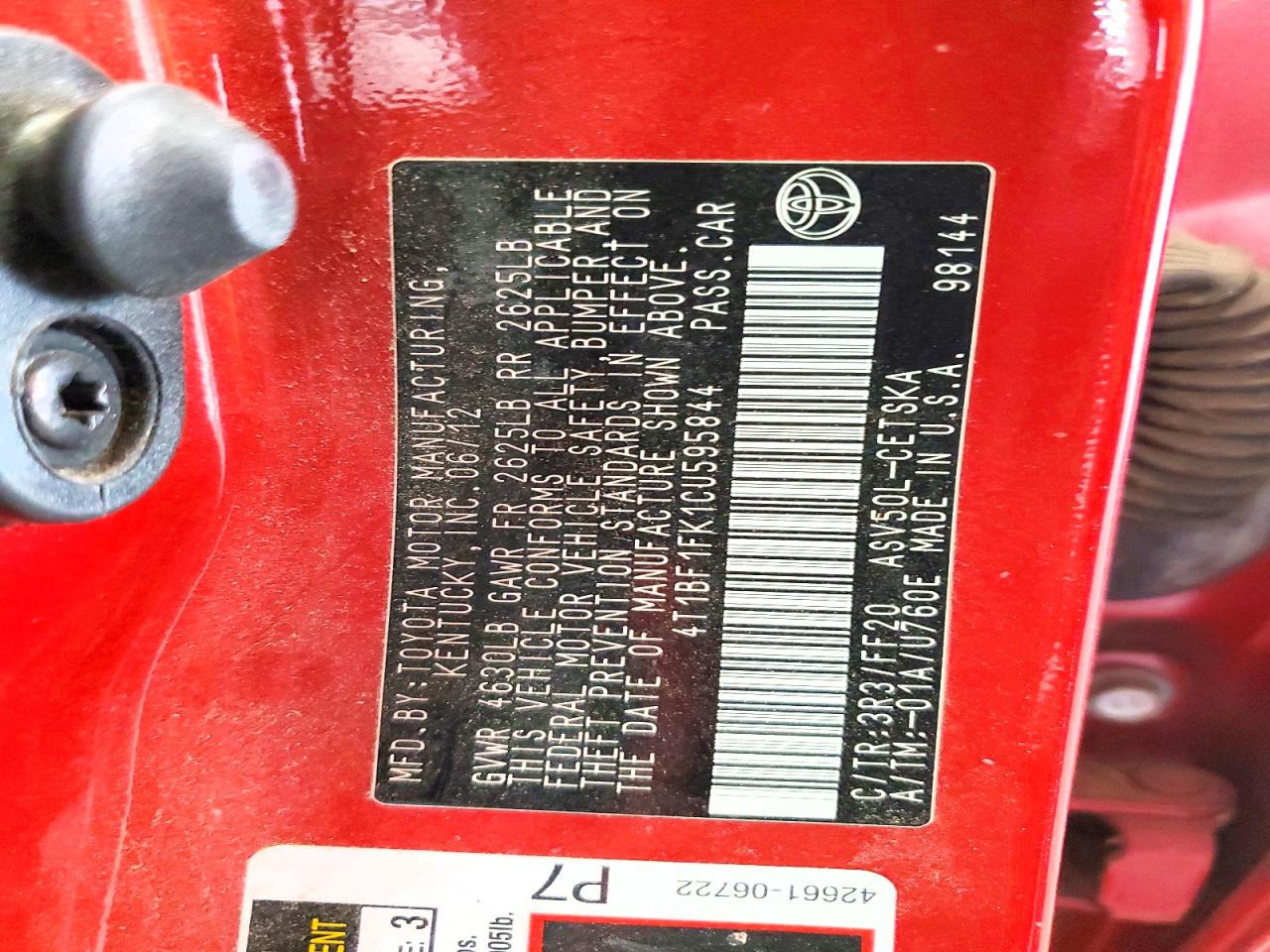 2012 Toyota Camry Red vin: 4T1BF1FK1CU595844