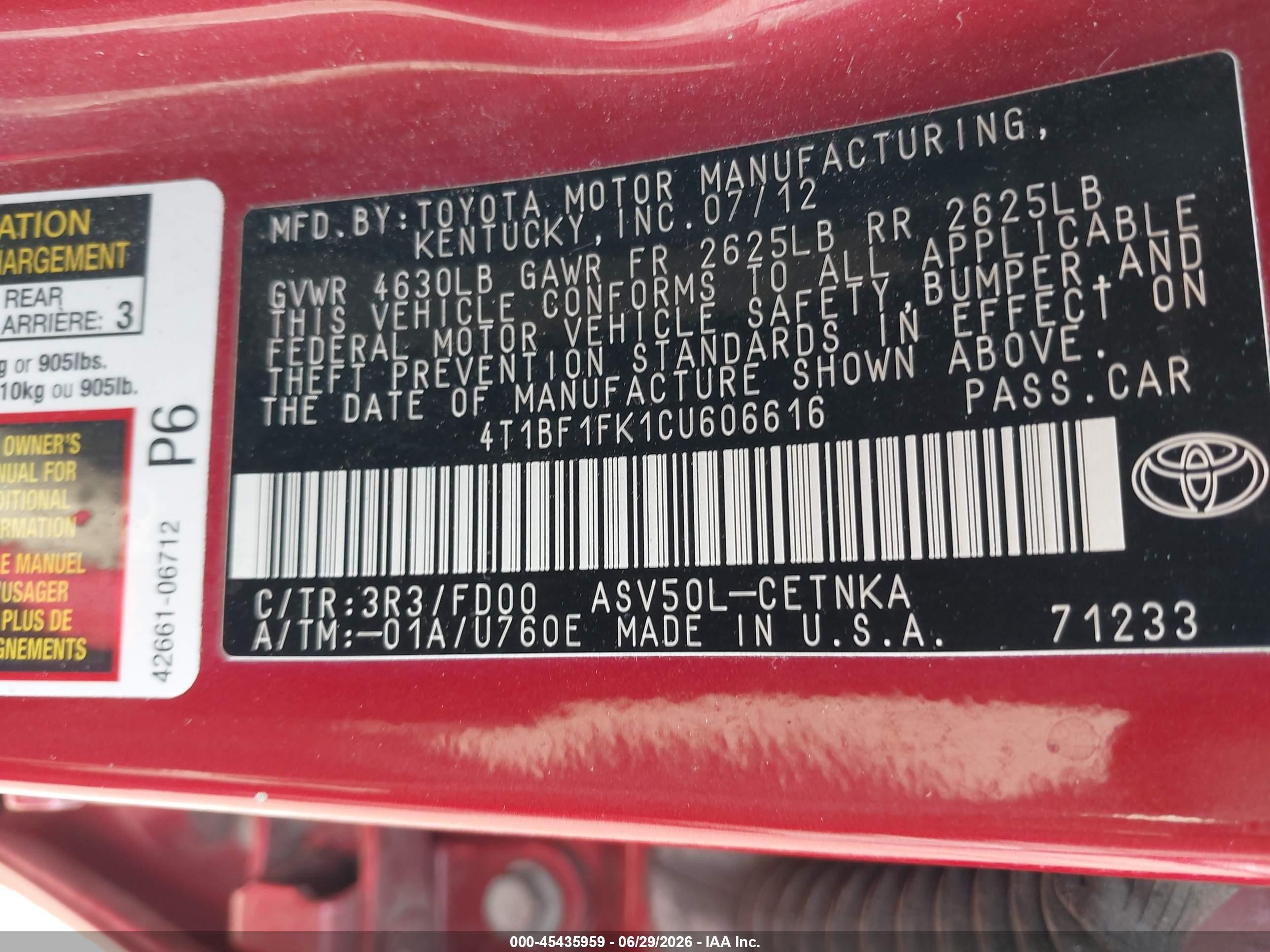 2012 Toyota Camry Le Red vin: 4T1BF1FK1CU606616