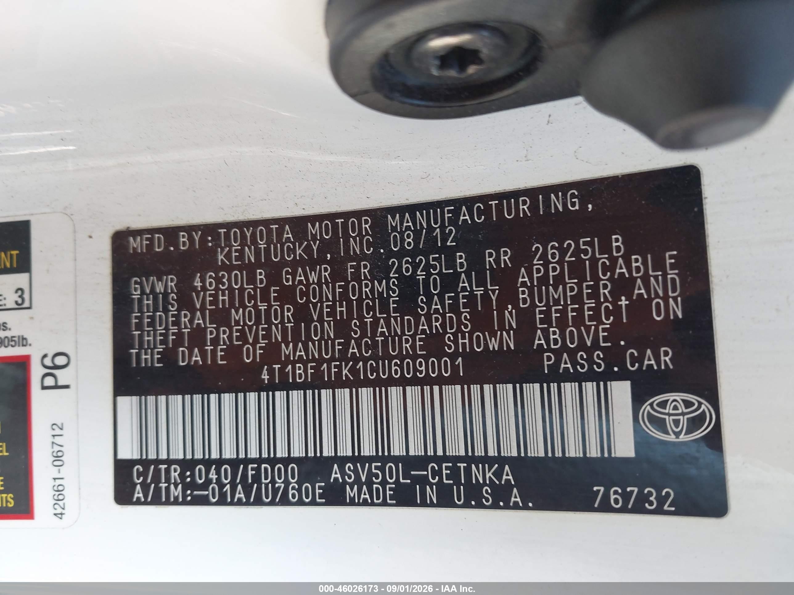 2012 Toyota Camry Le Белый vin: 4T1BF1FK1CU609001