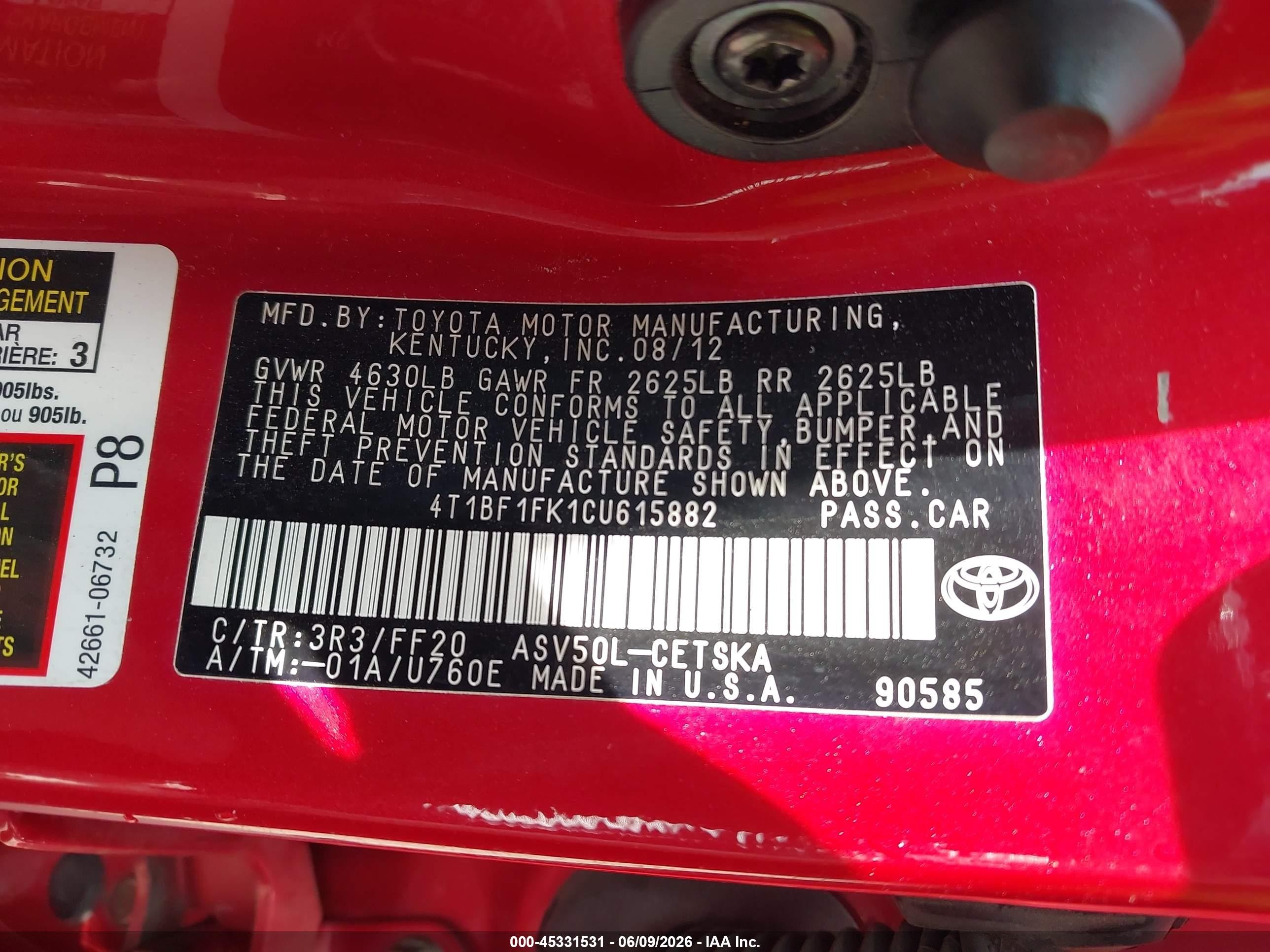 2012 Toyota Camry Se Limited Edition Red vin: 4T1BF1FK1CU615882