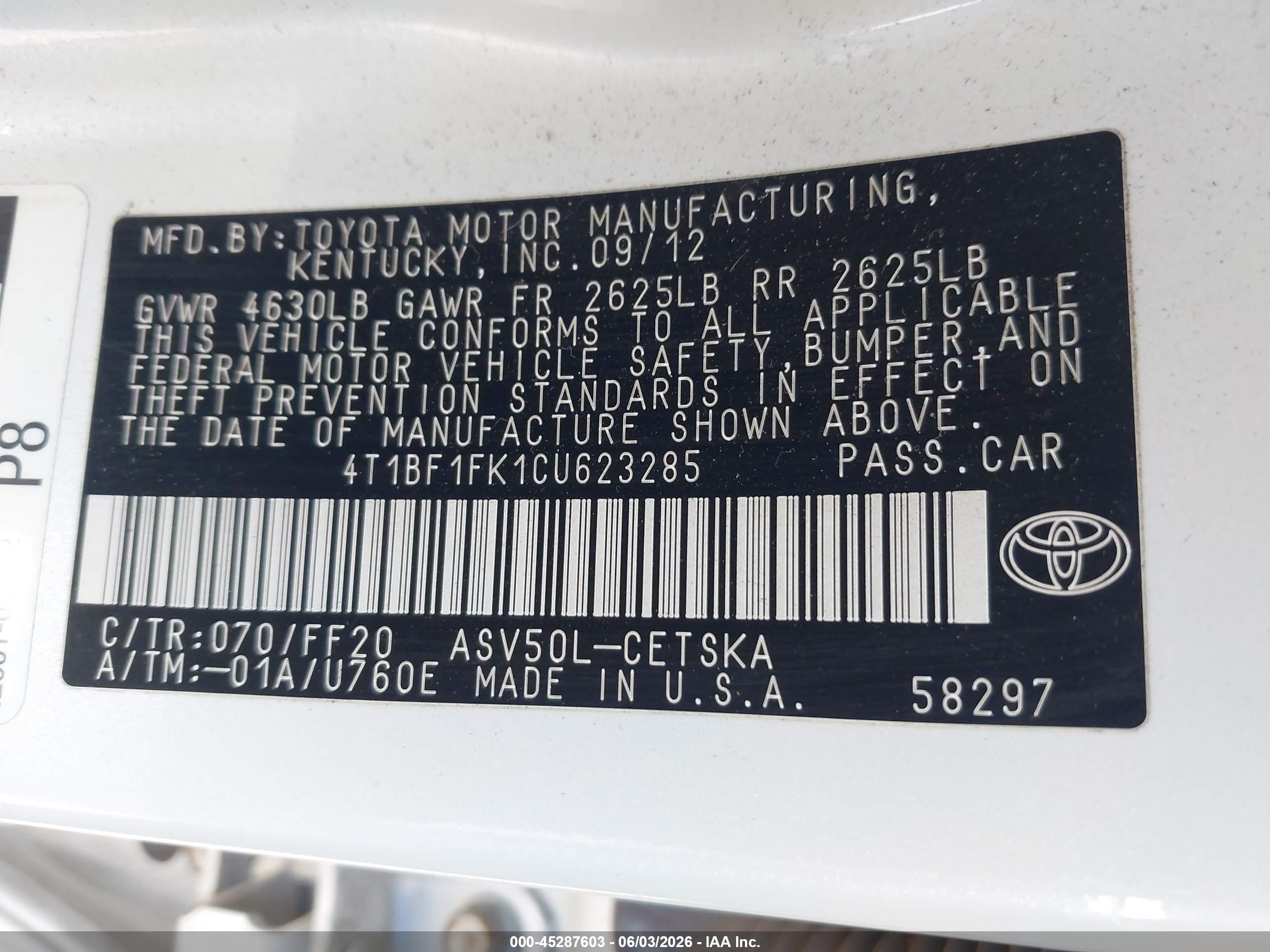 2012 Toyota Camry Se Limited Edition White vin: 4T1BF1FK1CU623285