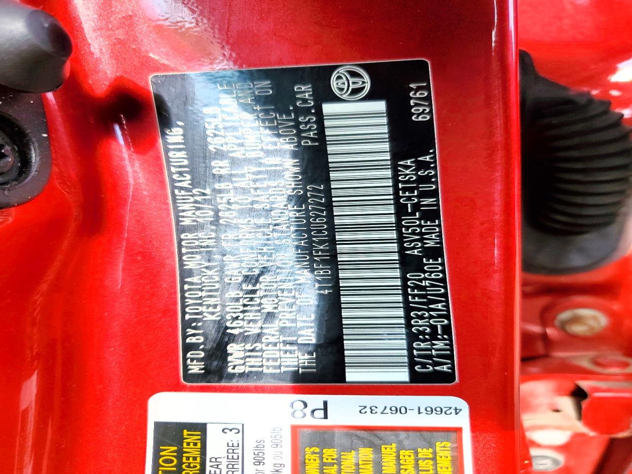 2012 Toyota Camry L Red vin: 4T1BF1FK1CU627272