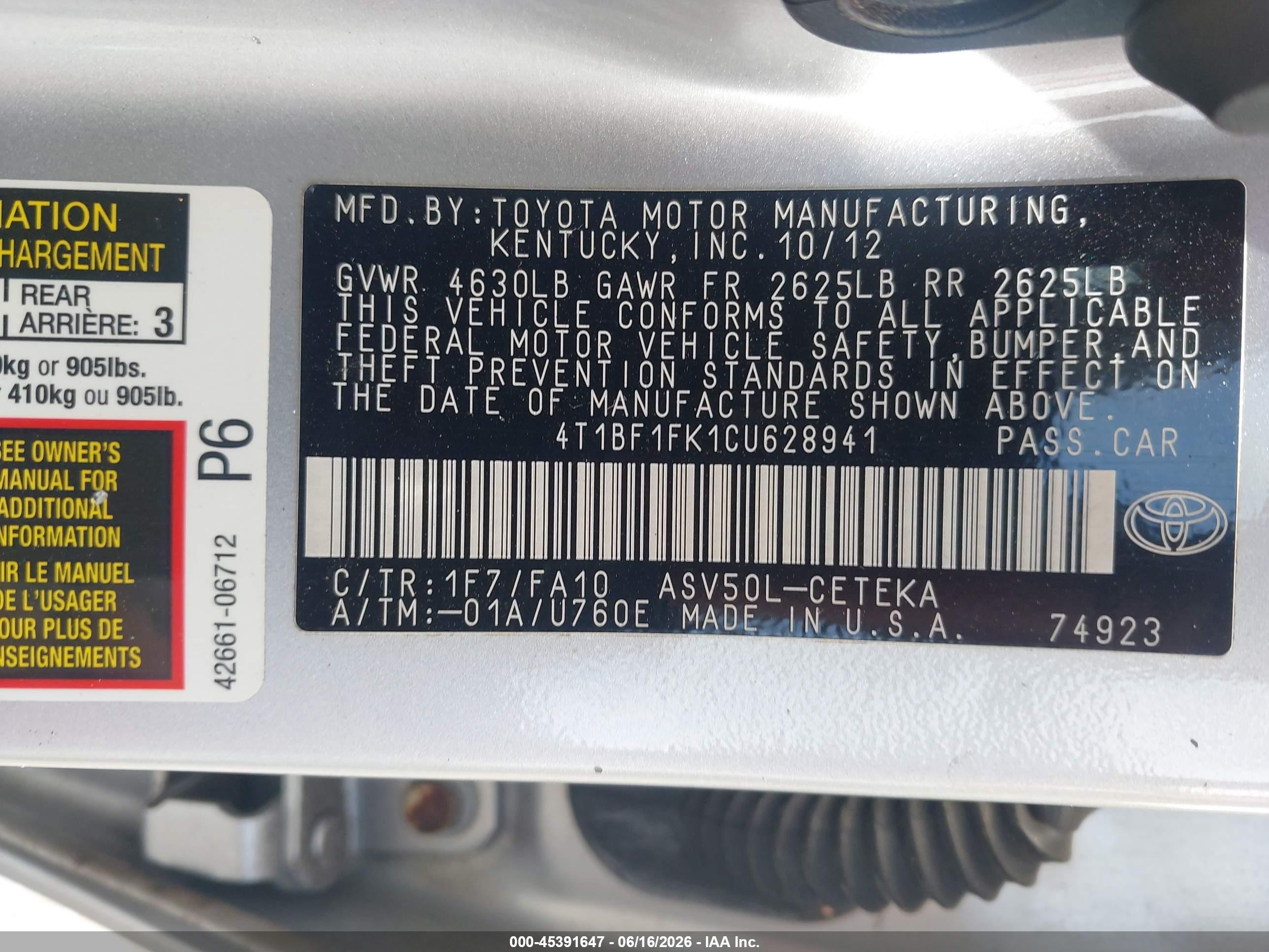 2012 Toyota Camry L Gray vin: 4T1BF1FK1CU628941