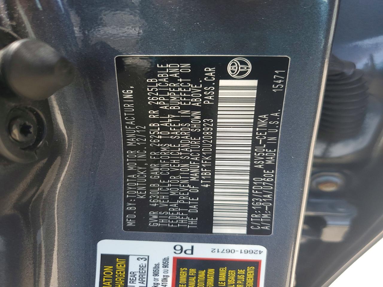 2013 Toyota Camry Le Gray vin: 4T1BF1FK1DU208923