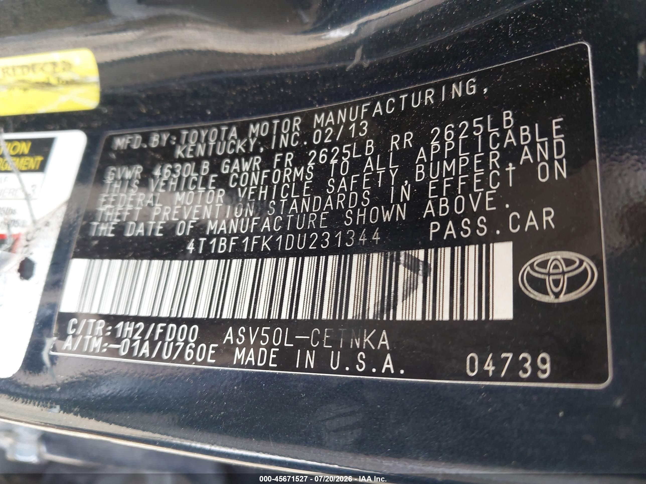 2013 Toyota Camry Le Black vin: 4T1BF1FK1DU231344