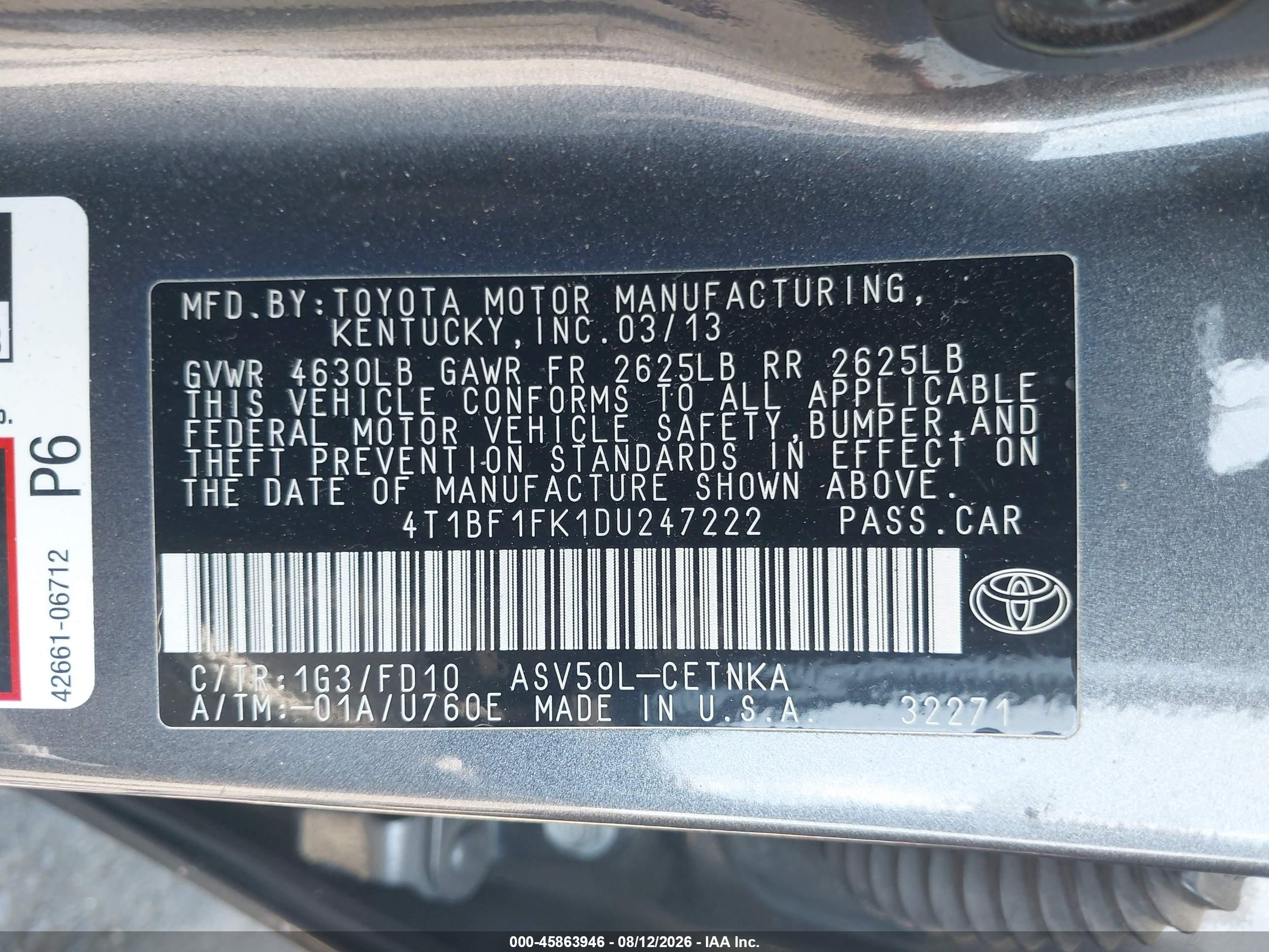 2013 Toyota Camry Le Gray vin: 4T1BF1FK1DU247222