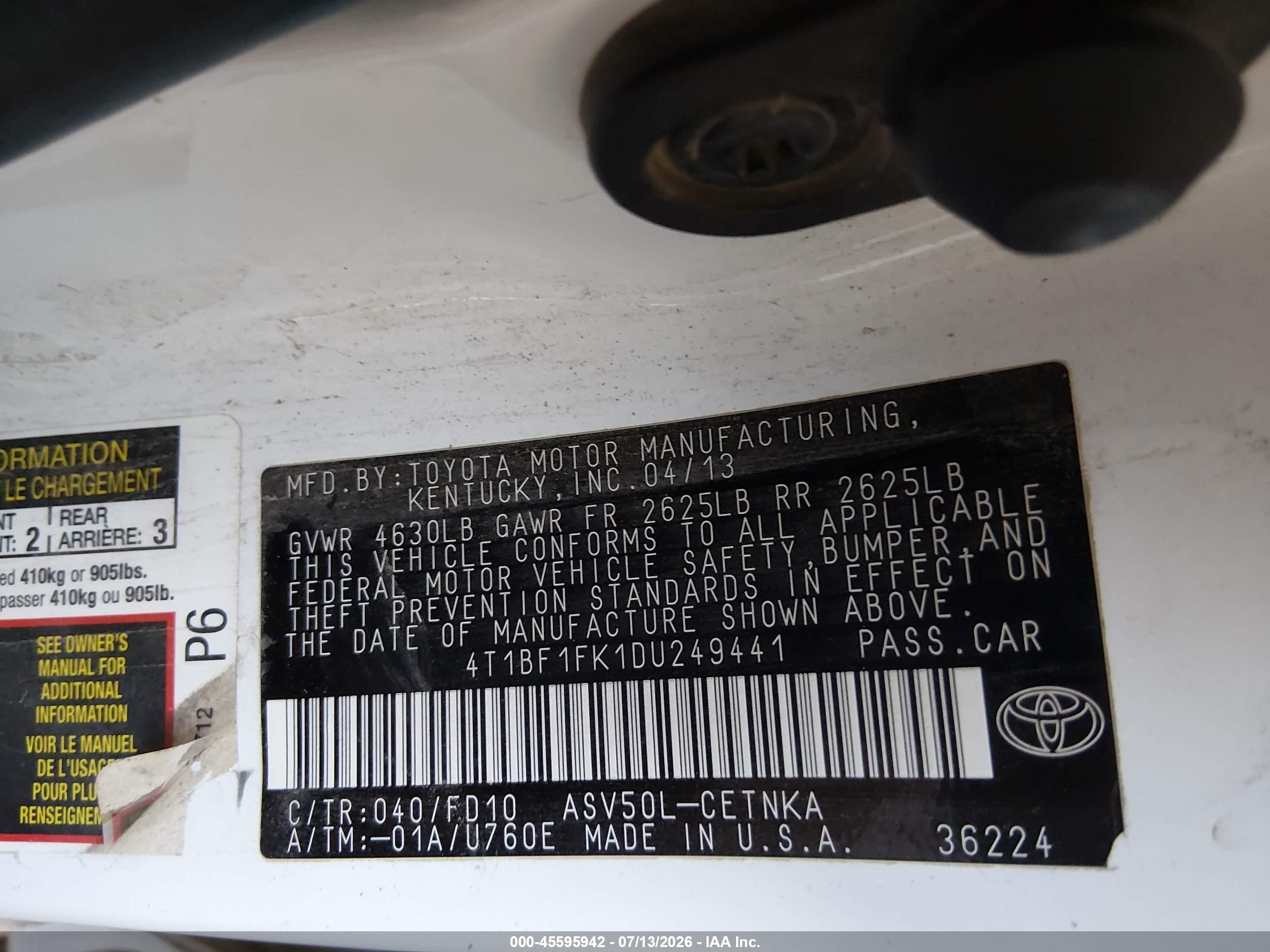 2013 Toyota Camry Le White vin: 4T1BF1FK1DU249441
