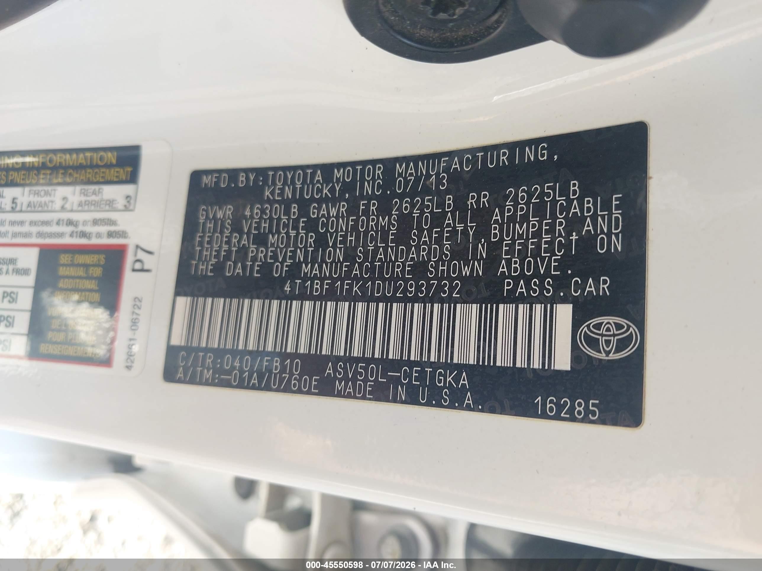 2013 Toyota Camry Xle White vin: 4T1BF1FK1DU293732