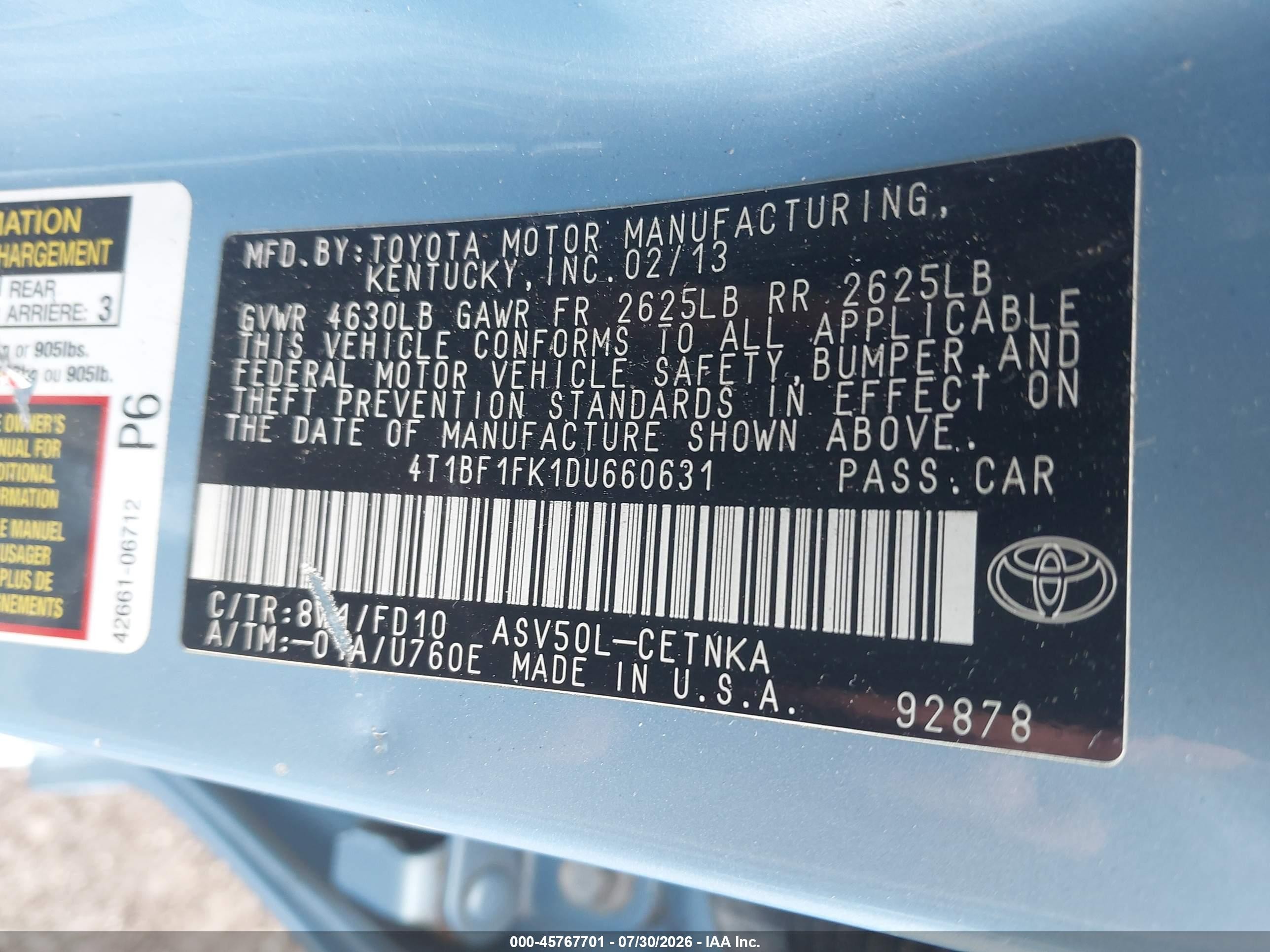 2013 Toyota Camry Le Blue vin: 4T1BF1FK1DU660631