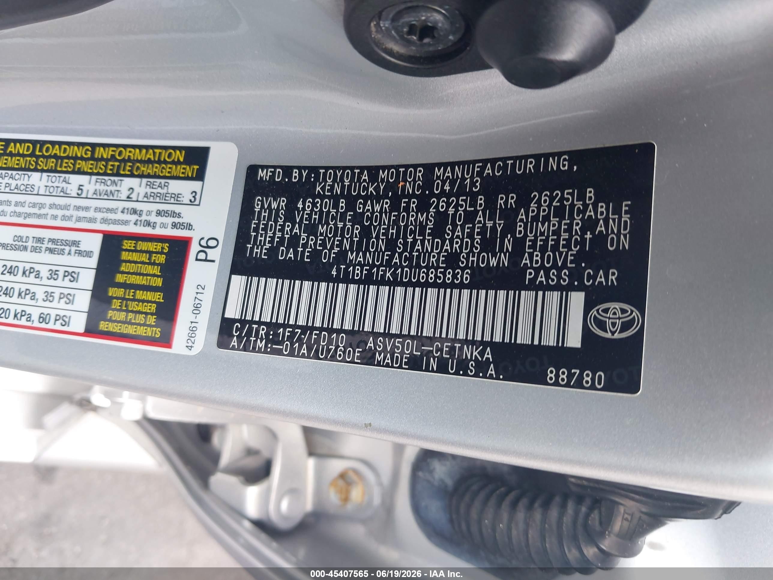 2013 Toyota Camry Le Silver vin: 4T1BF1FK1DU685836