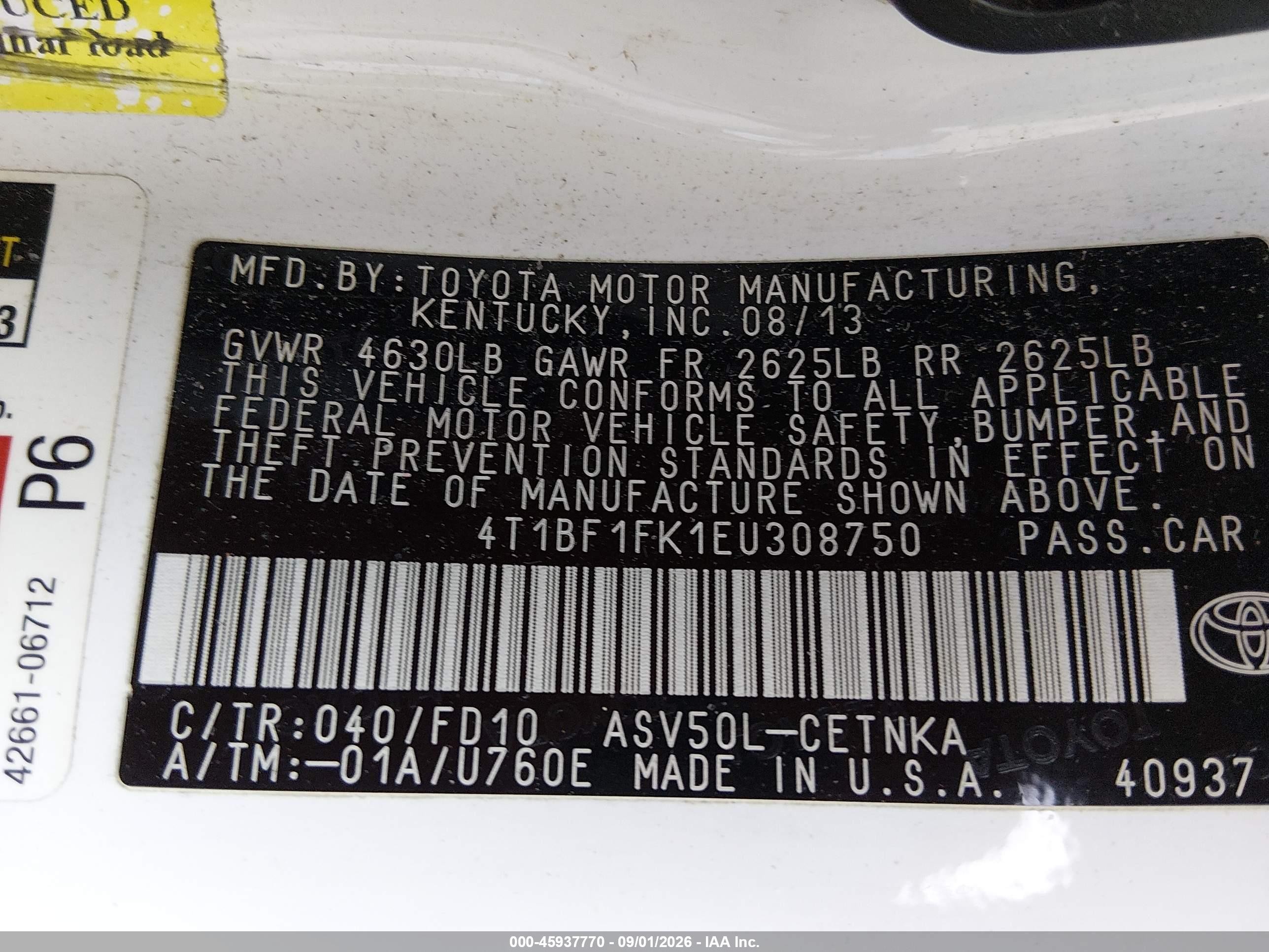 2014 Toyota Camry Le White vin: 4T1BF1FK1EU308750