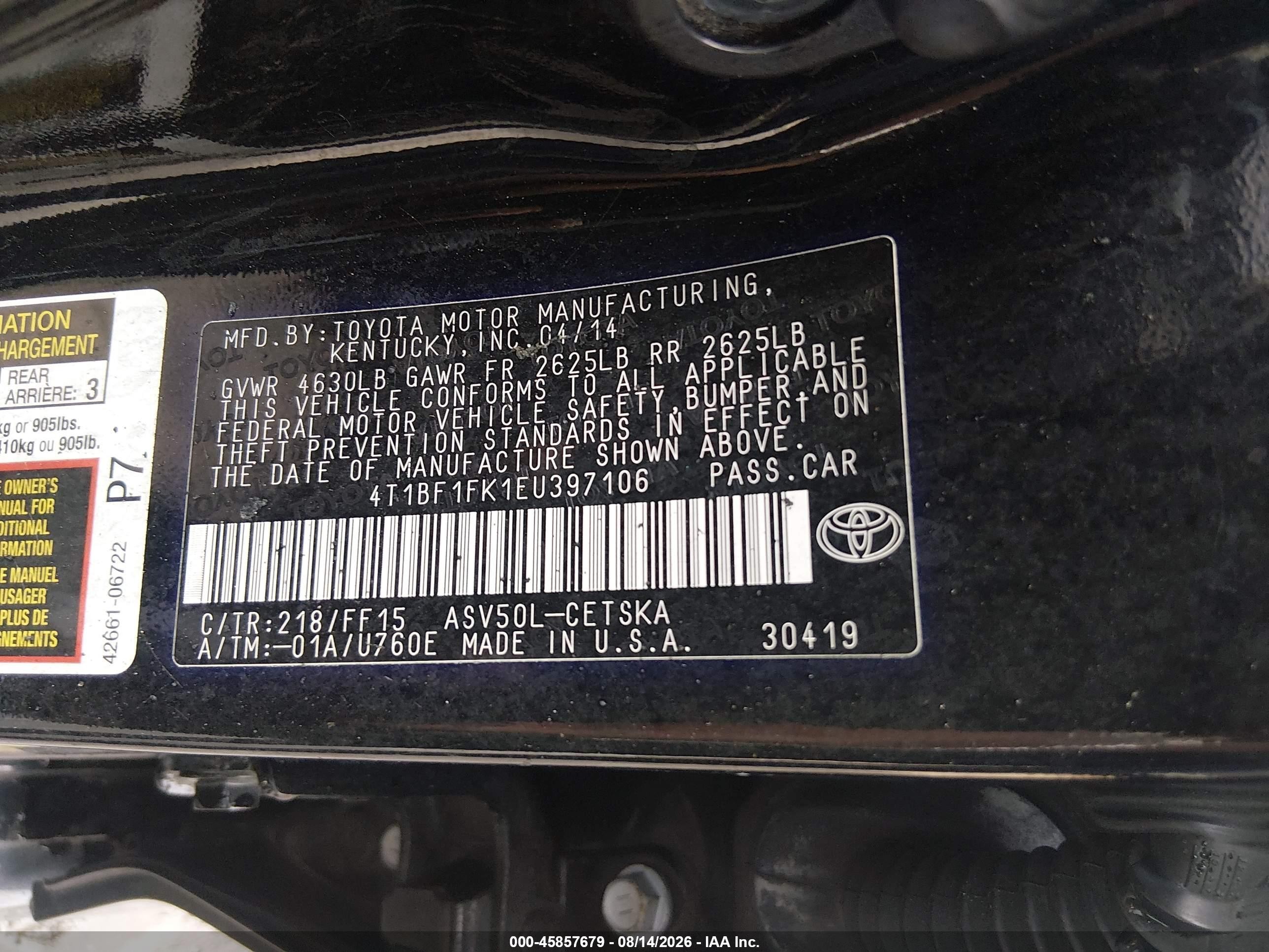 2014 Toyota Camry Se Black vin: 4T1BF1FK1EU397106