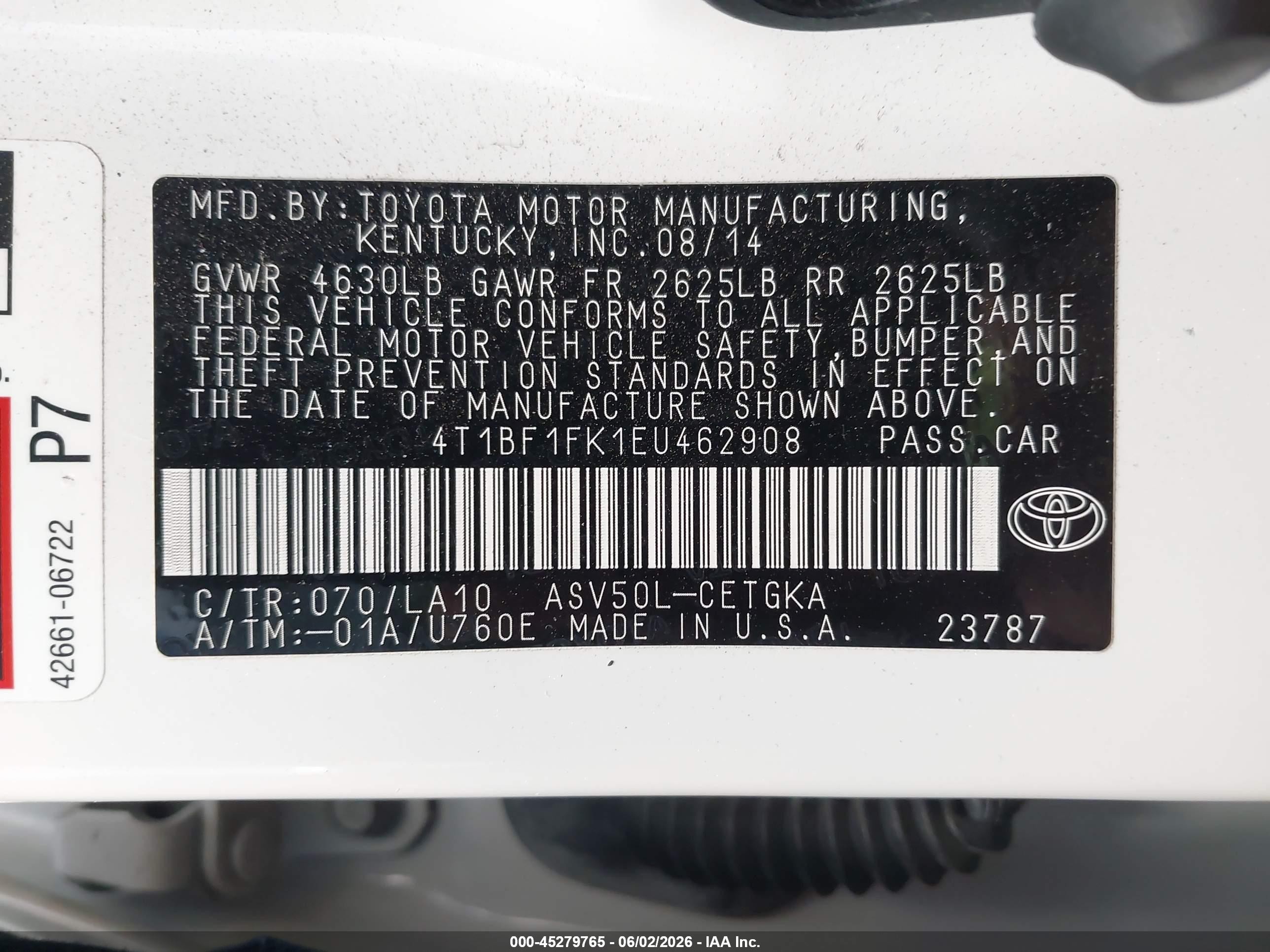 2014 Toyota Camry Xle White vin: 4T1BF1FK1EU462908