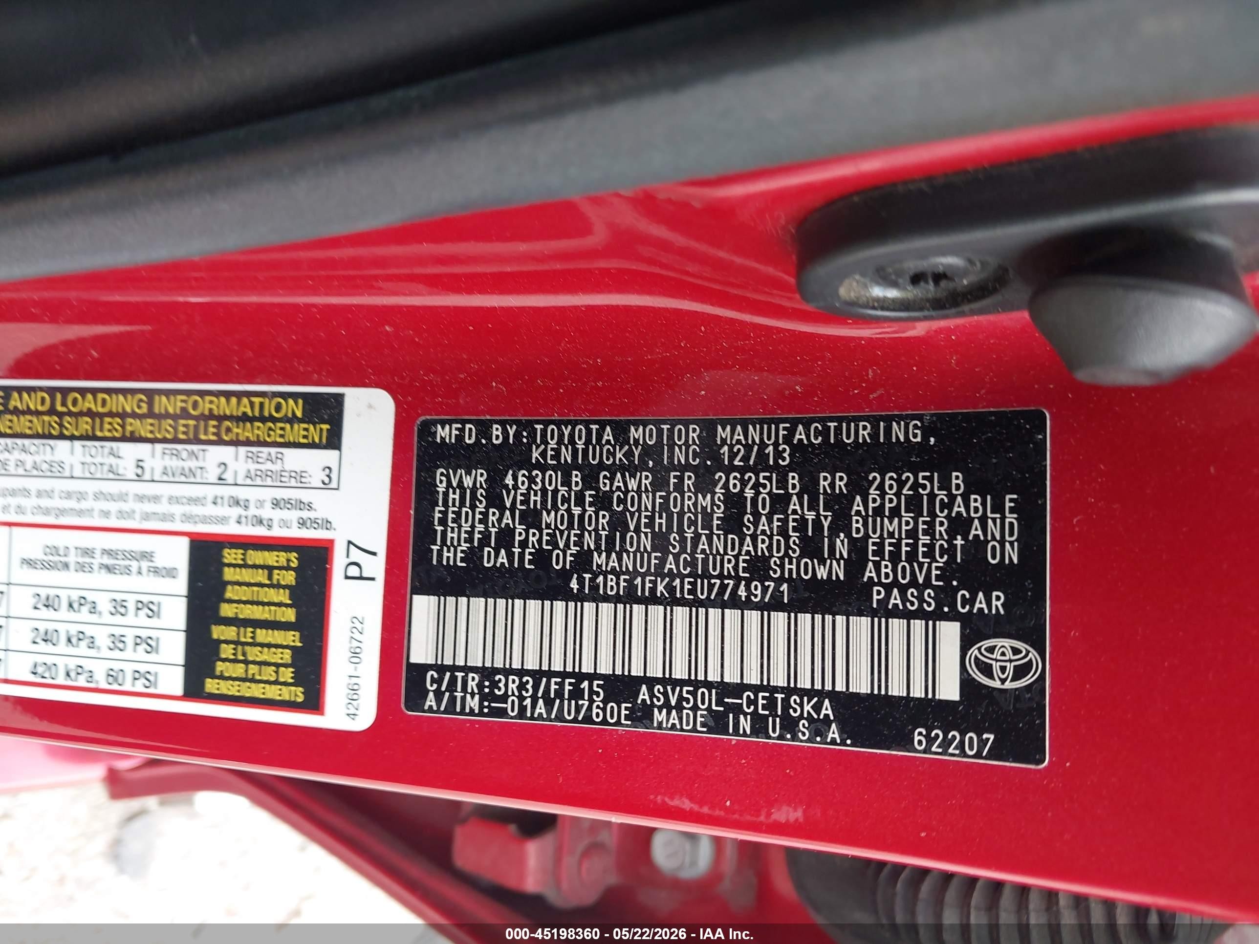 2014 Toyota Camry Se Red vin: 4T1BF1FK1EU774971