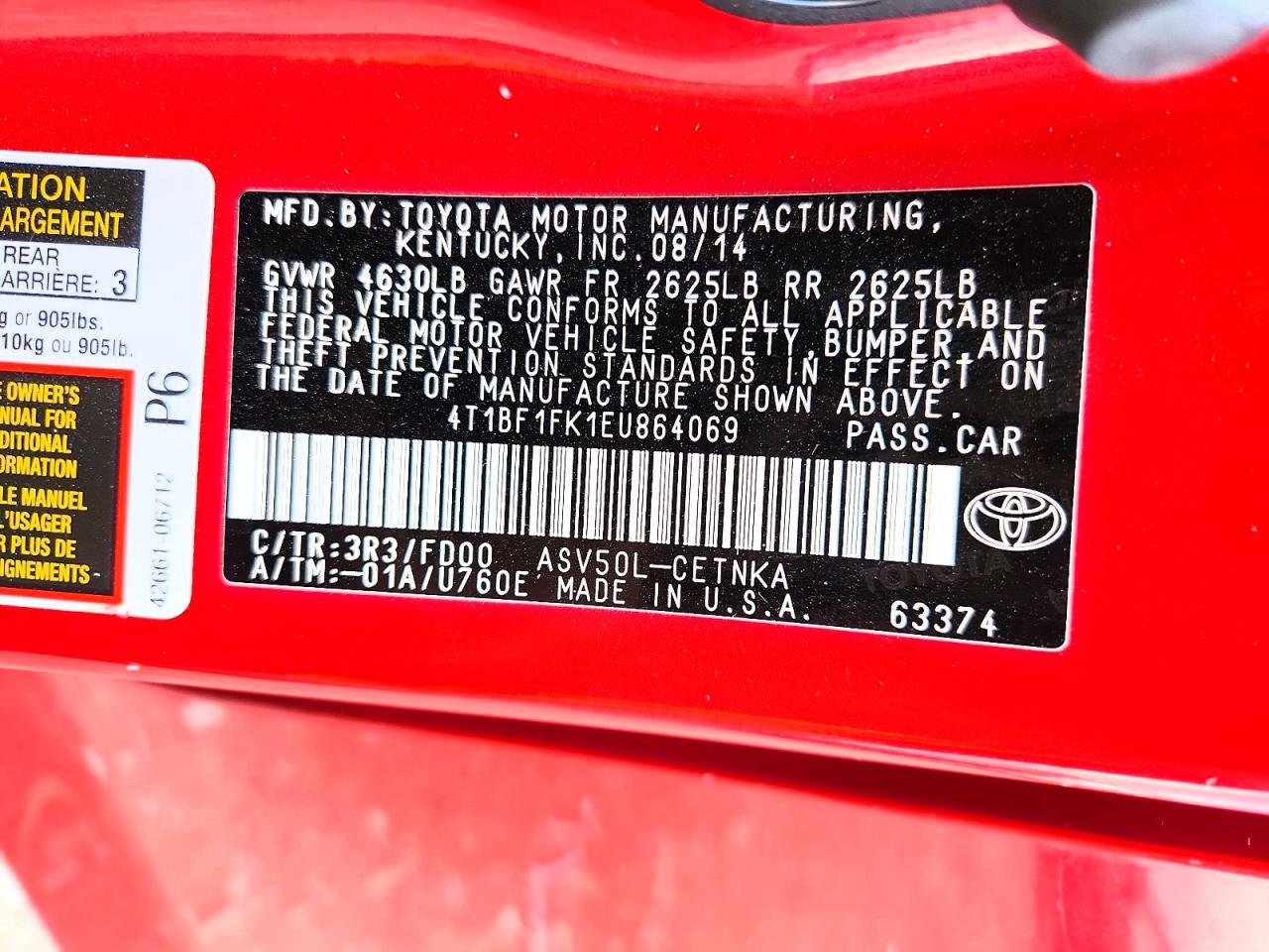 2014 Toyota Camry Le Red vin: 4T1BF1FK1EU864069