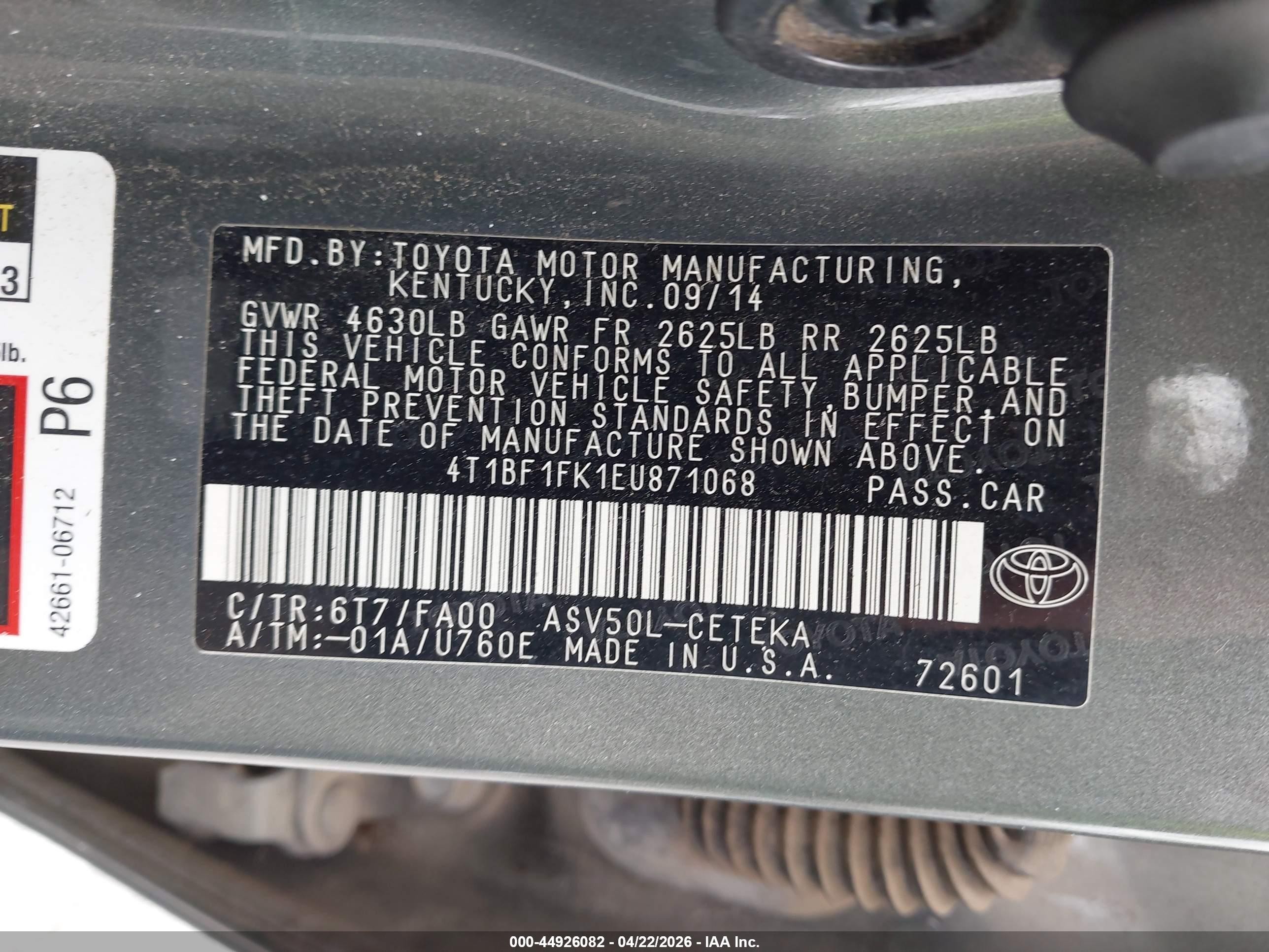 2014 Toyota Camry L Green vin: 4T1BF1FK1EU871068