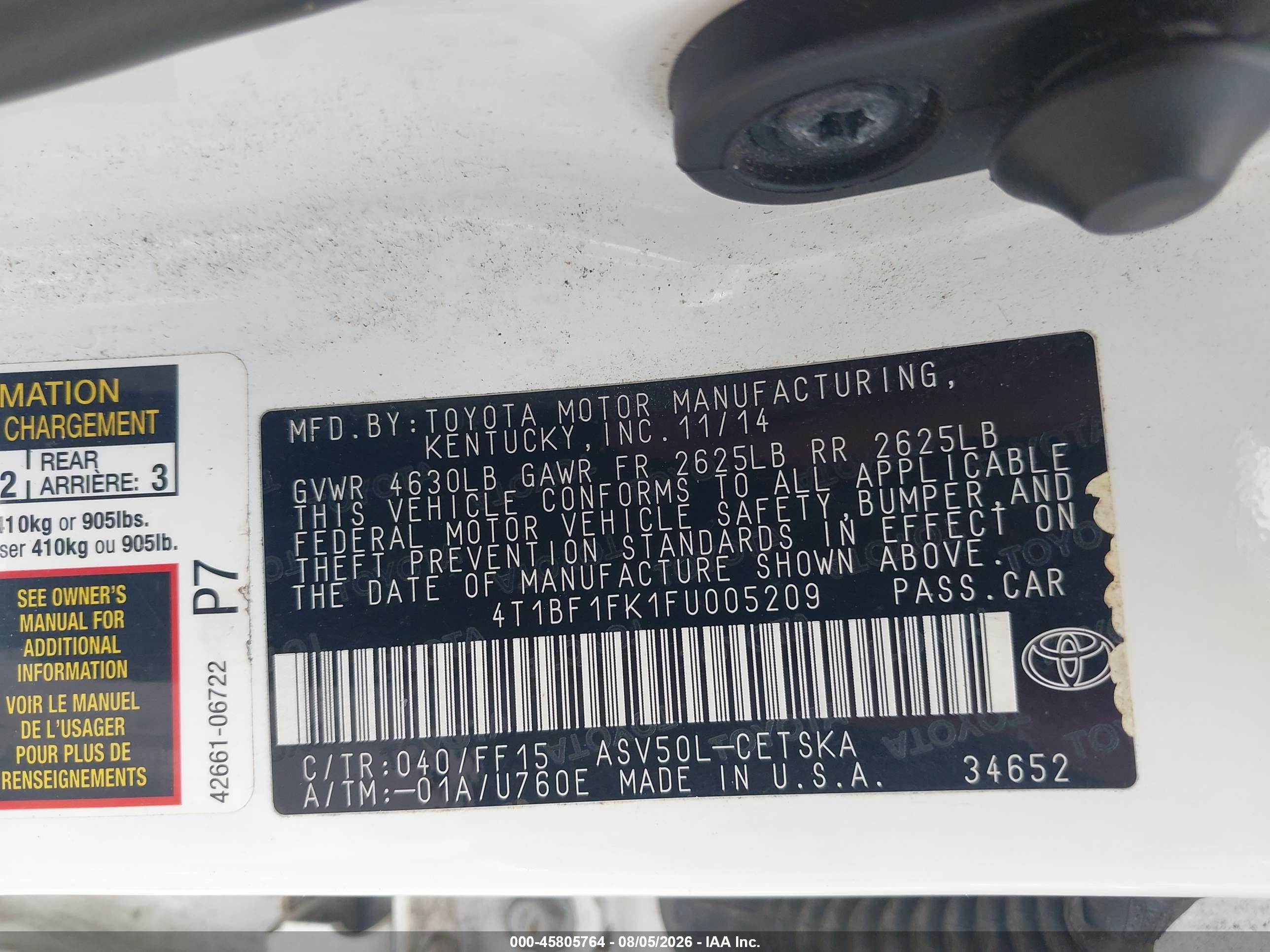 2015 Toyota Camry Se White vin: 4T1BF1FK1FU005209
