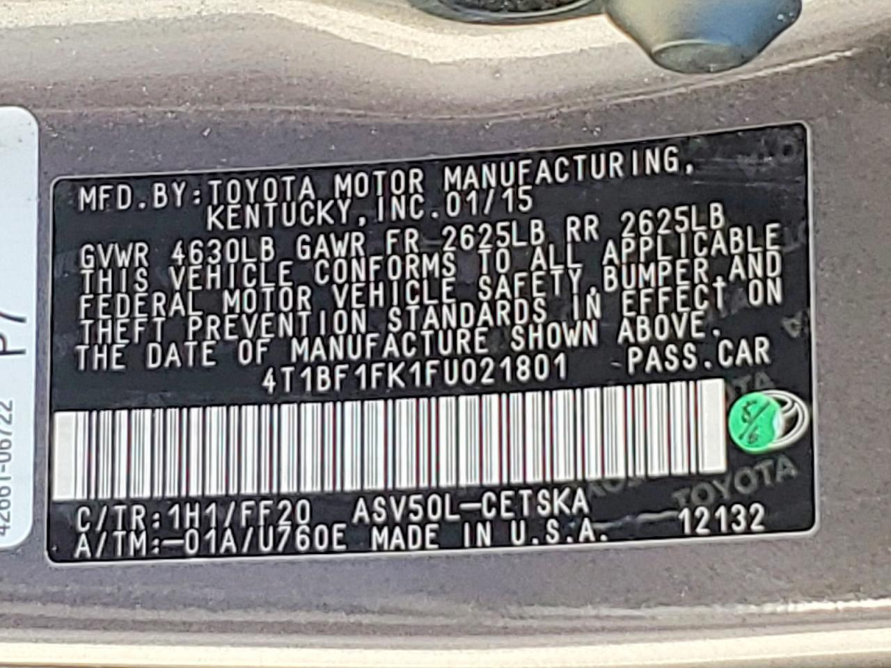 2015 Toyota Camry Se Charcoal vin: 4T1BF1FK1FU021801