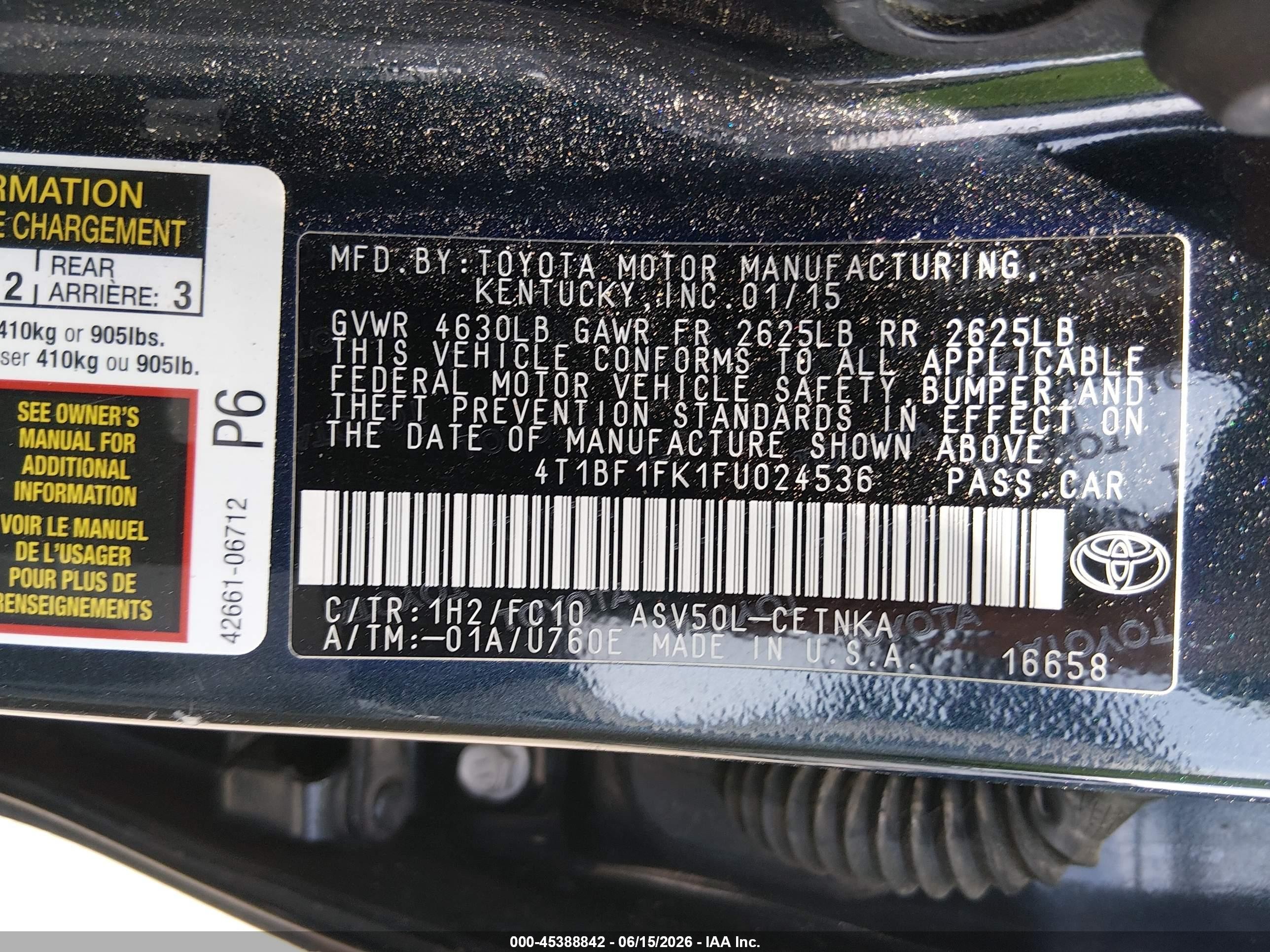 2015 Toyota Camry Le Черный vin: 4T1BF1FK1FU024536