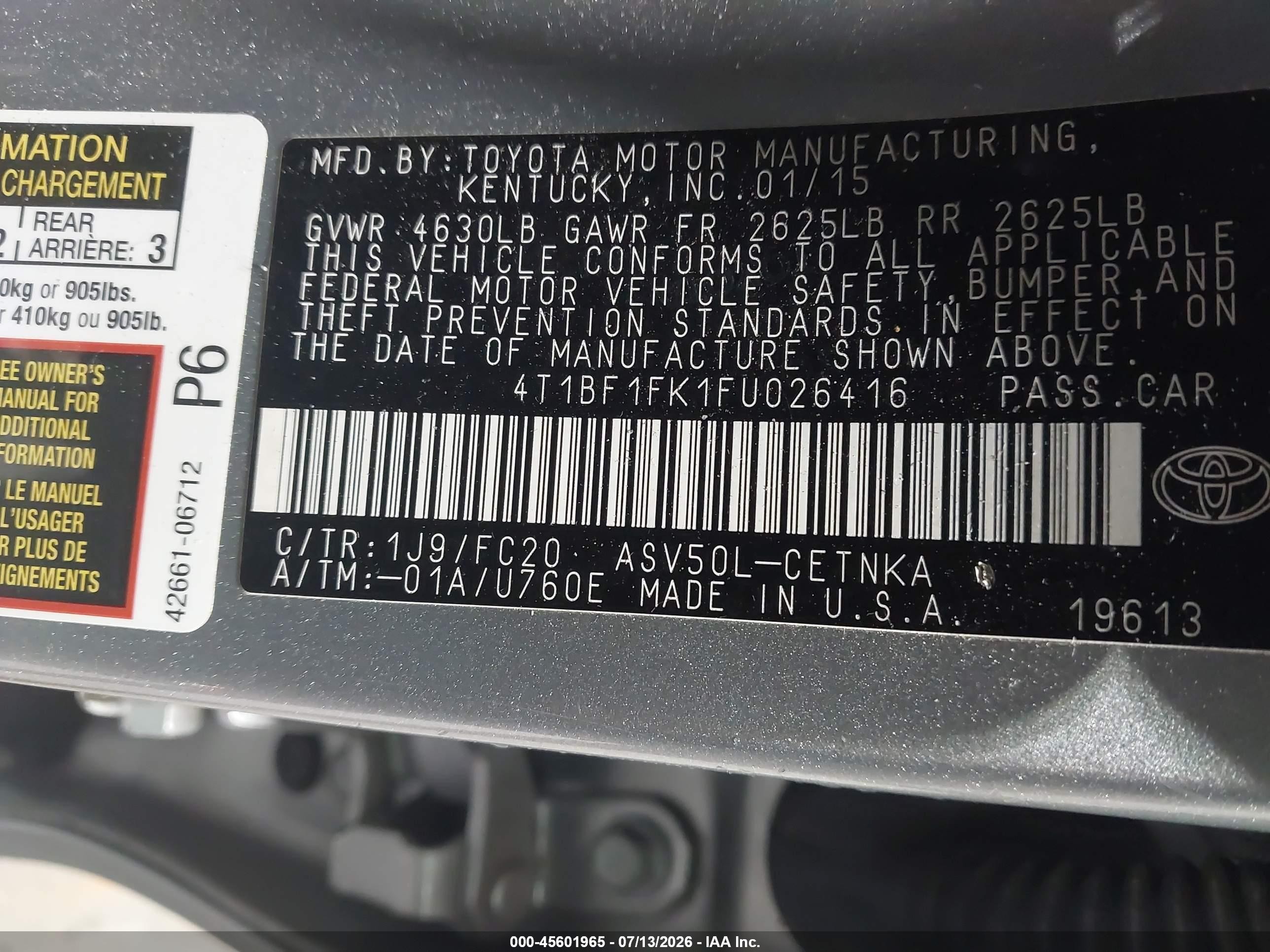 2015 Toyota Camry Le Silver vin: 4T1BF1FK1FU026416