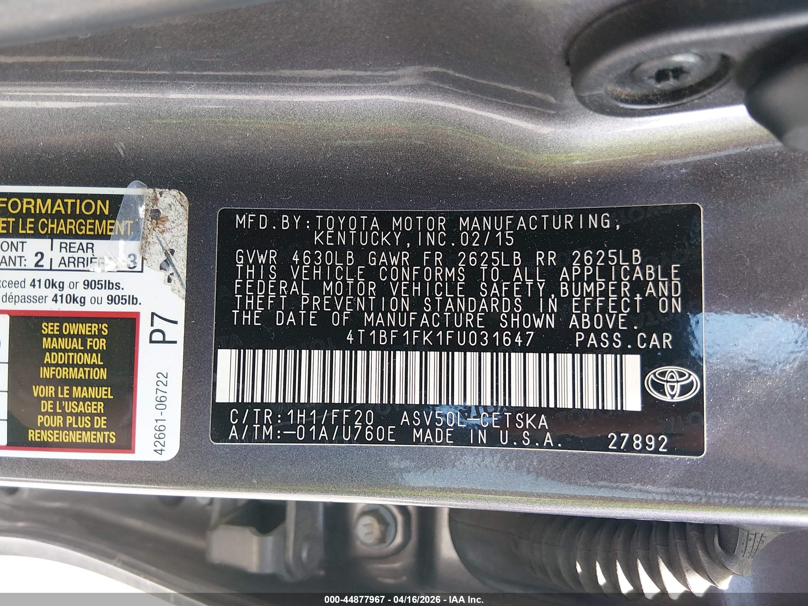 2015 Toyota Camry Se Gray vin: 4T1BF1FK1FU031647