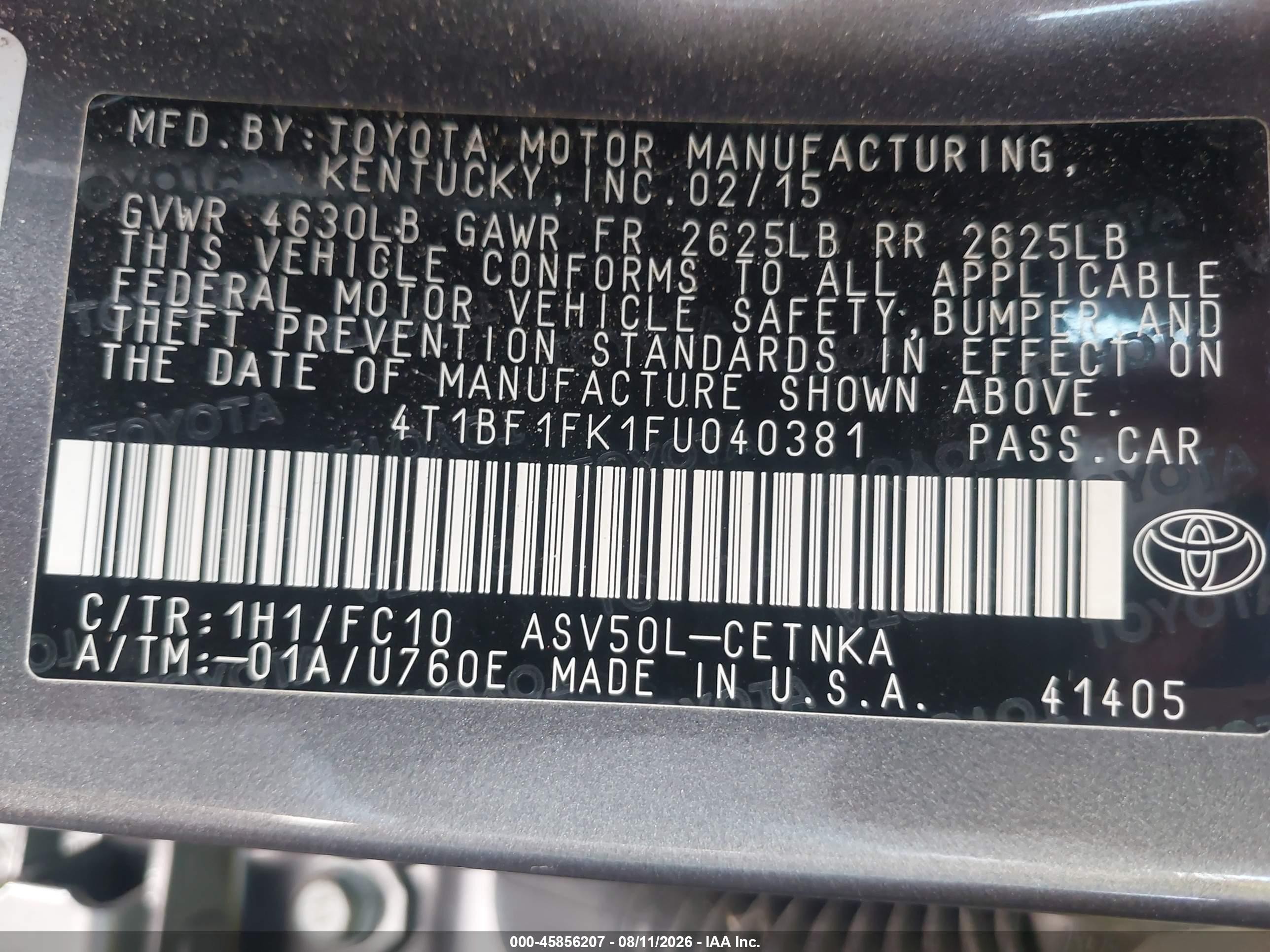 2015 Toyota Camry Le Gray vin: 4T1BF1FK1FU040381
