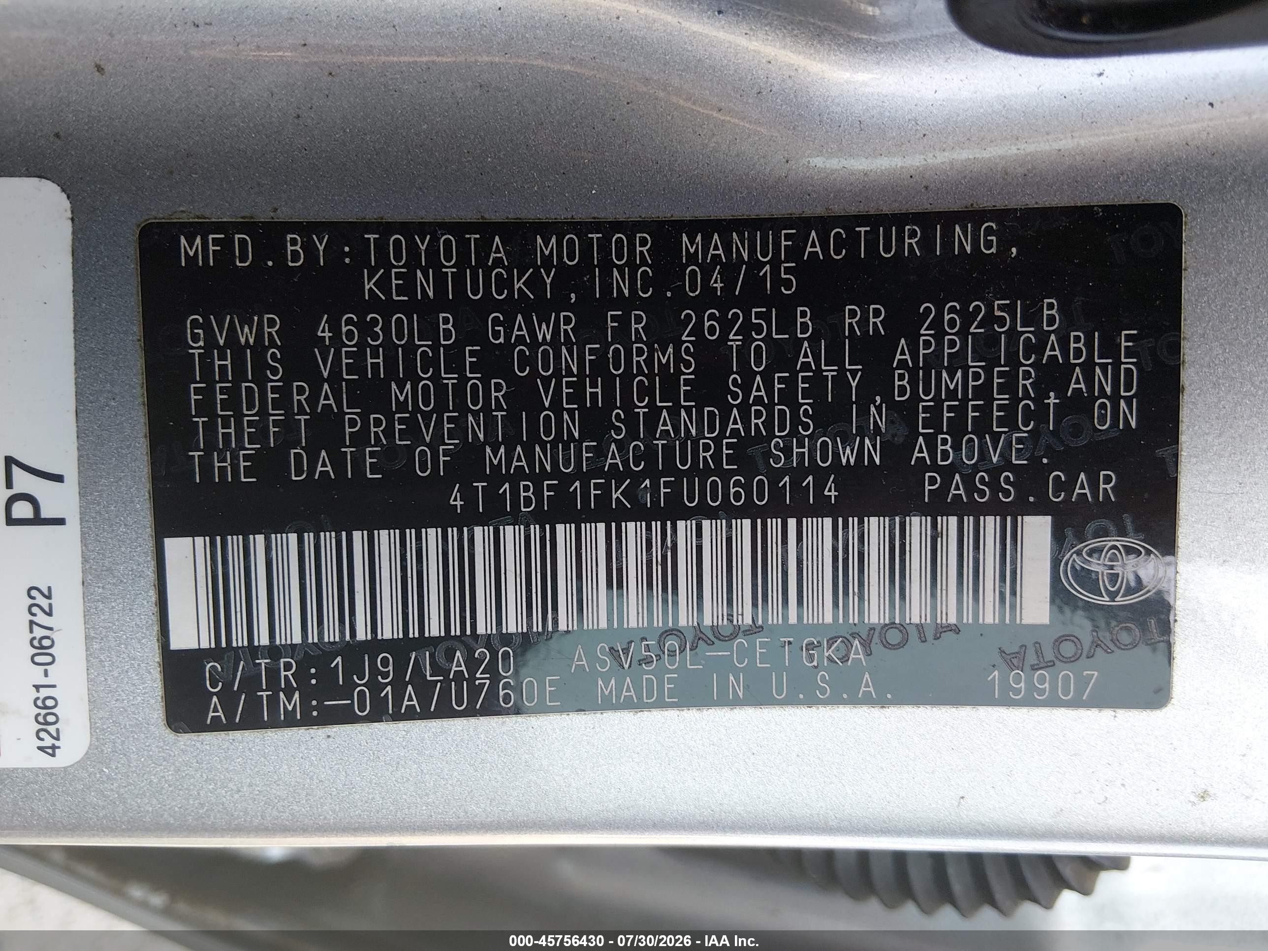 2015 Toyota Camry Xle Серебряный vin: 4T1BF1FK1FU060114