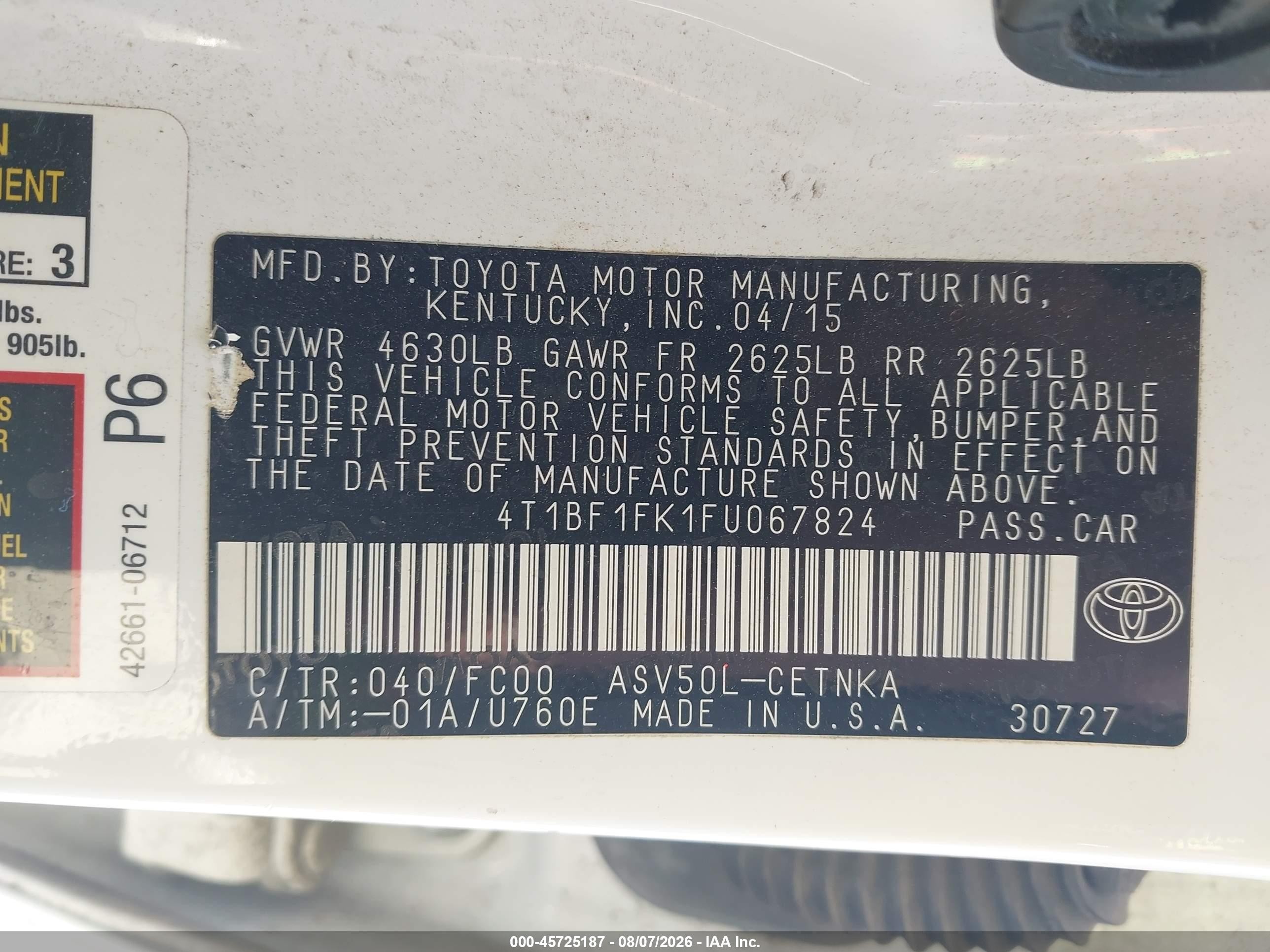 2015 Toyota Camry Le White vin: 4T1BF1FK1FU067824
