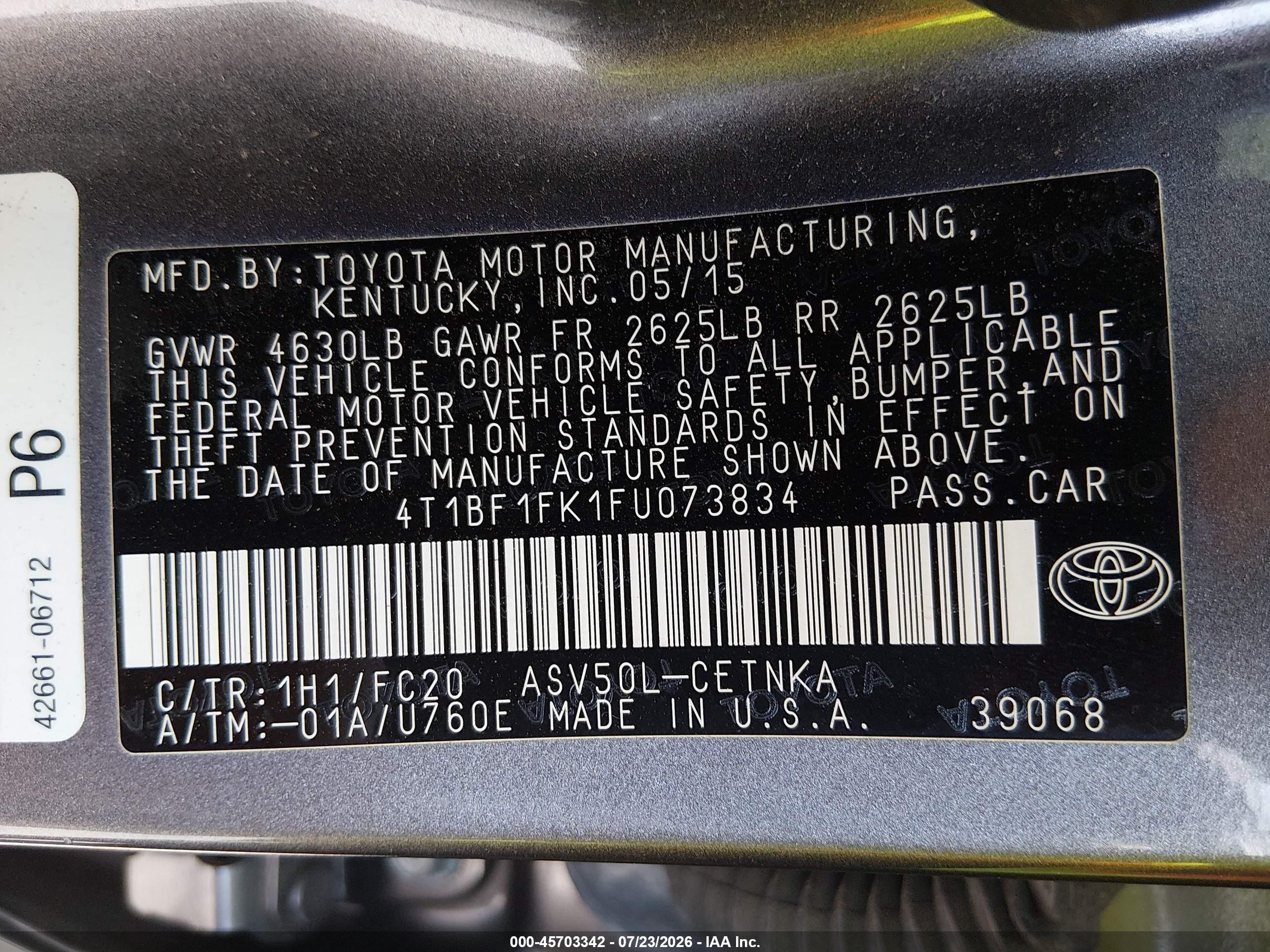 2015 Toyota Camry Le Gray vin: 4T1BF1FK1FU073834