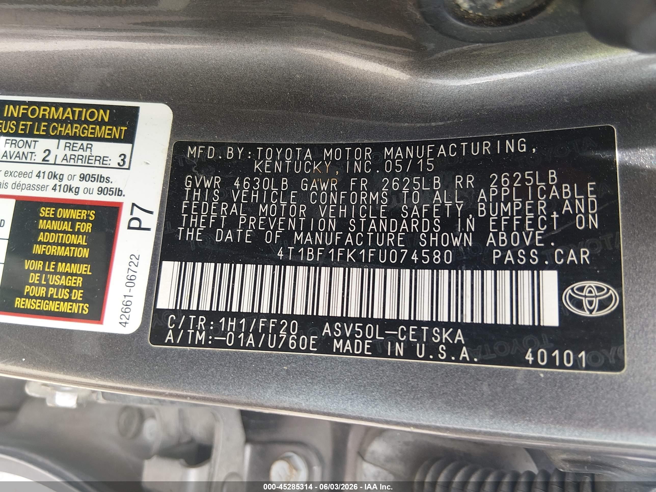 2015 Toyota Camry Se Серый vin: 4T1BF1FK1FU074580