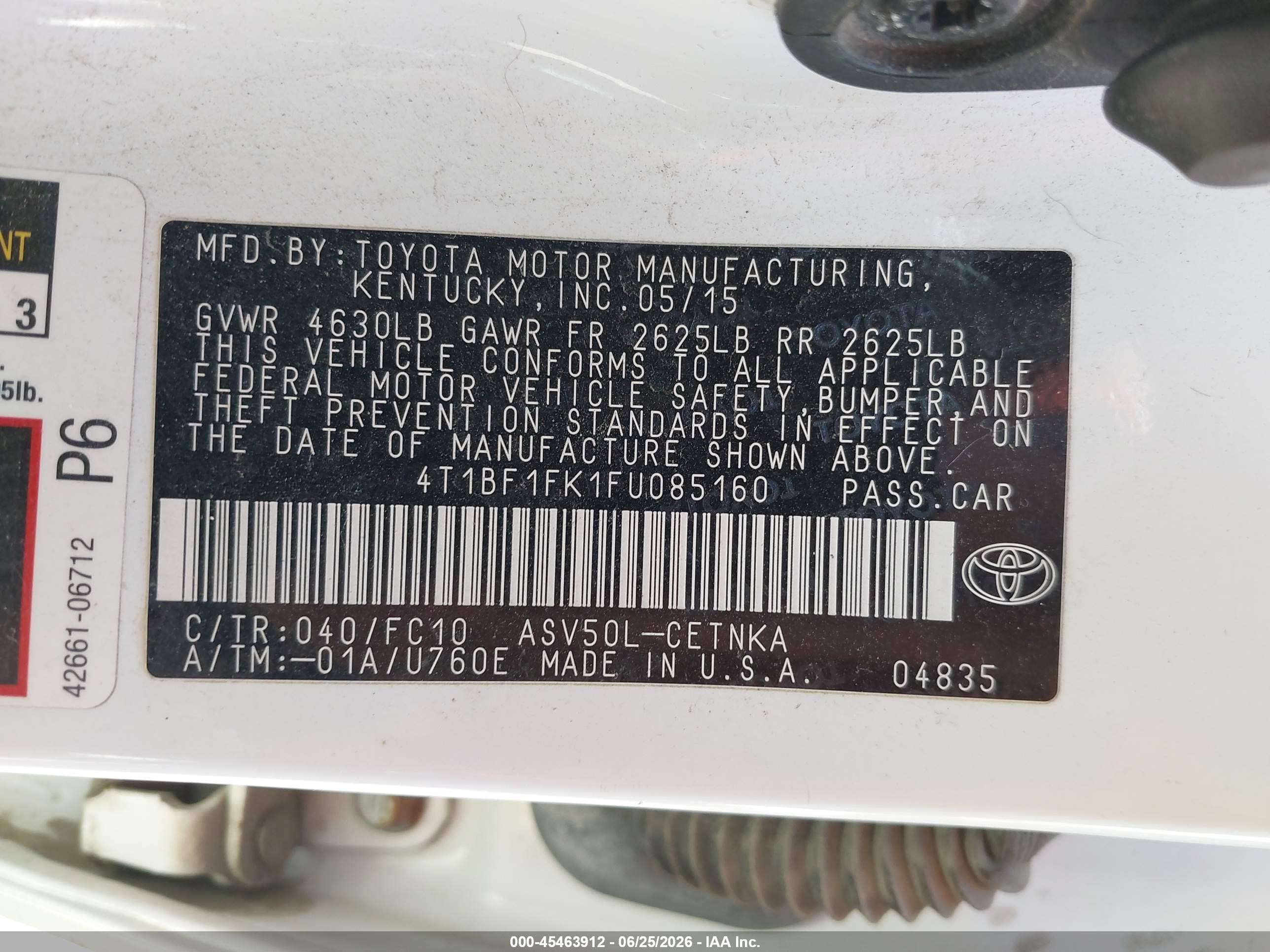 2015 Toyota Camry Le White vin: 4T1BF1FK1FU085160