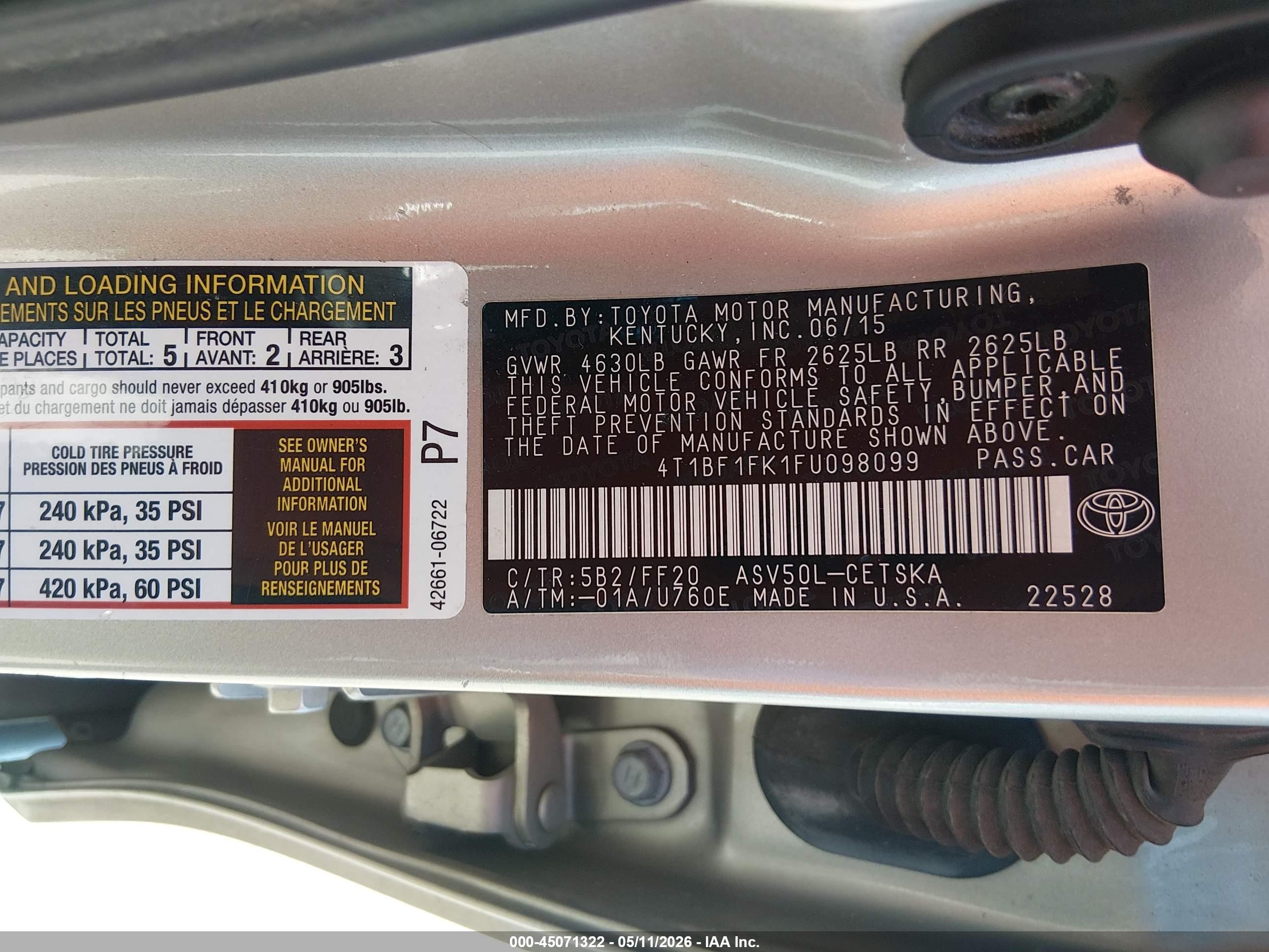 2015 Toyota Camry Se Champagne vin: 4T1BF1FK1FU098099