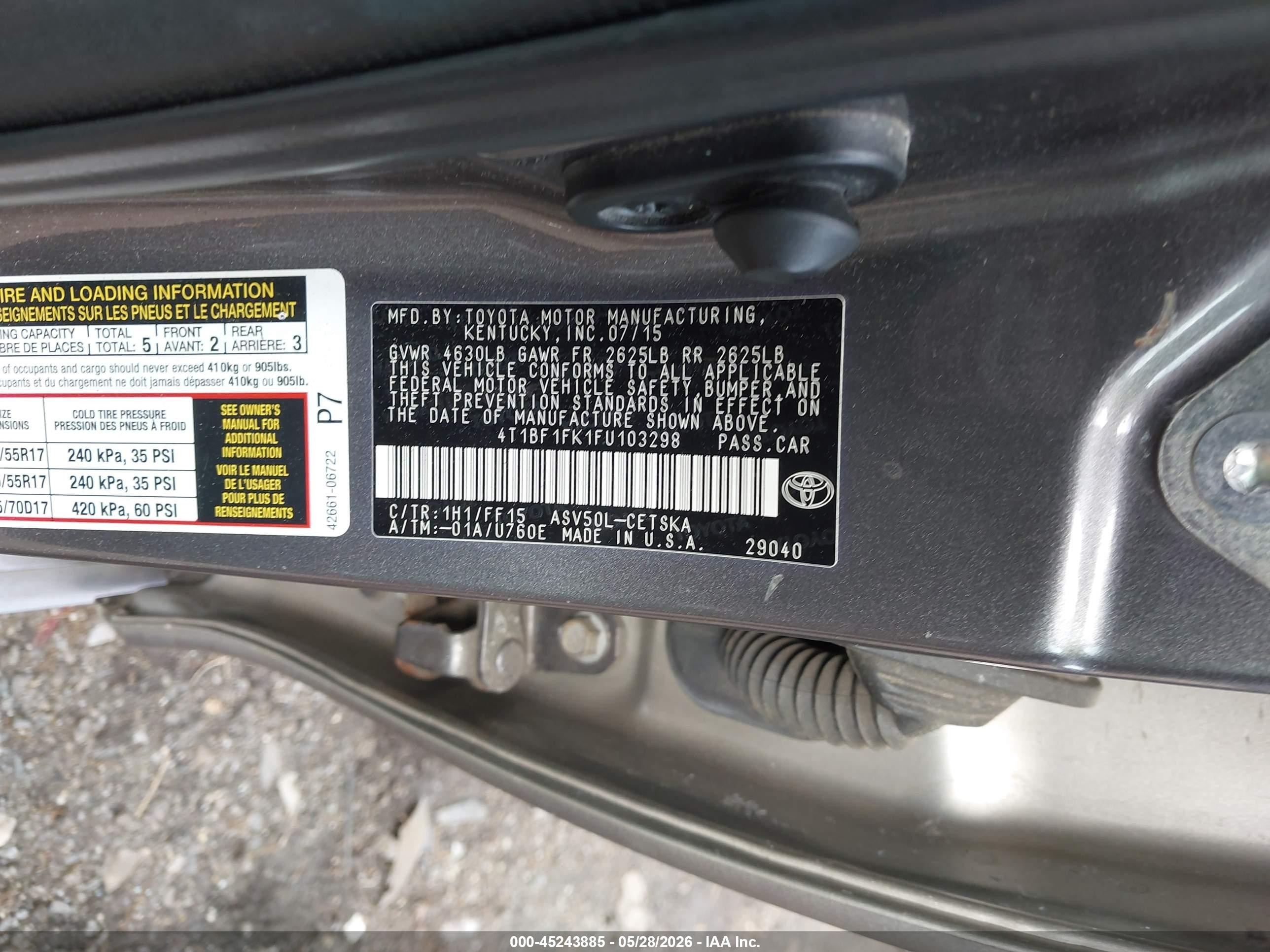 2015 Toyota Camry Se Серый vin: 4T1BF1FK1FU103298