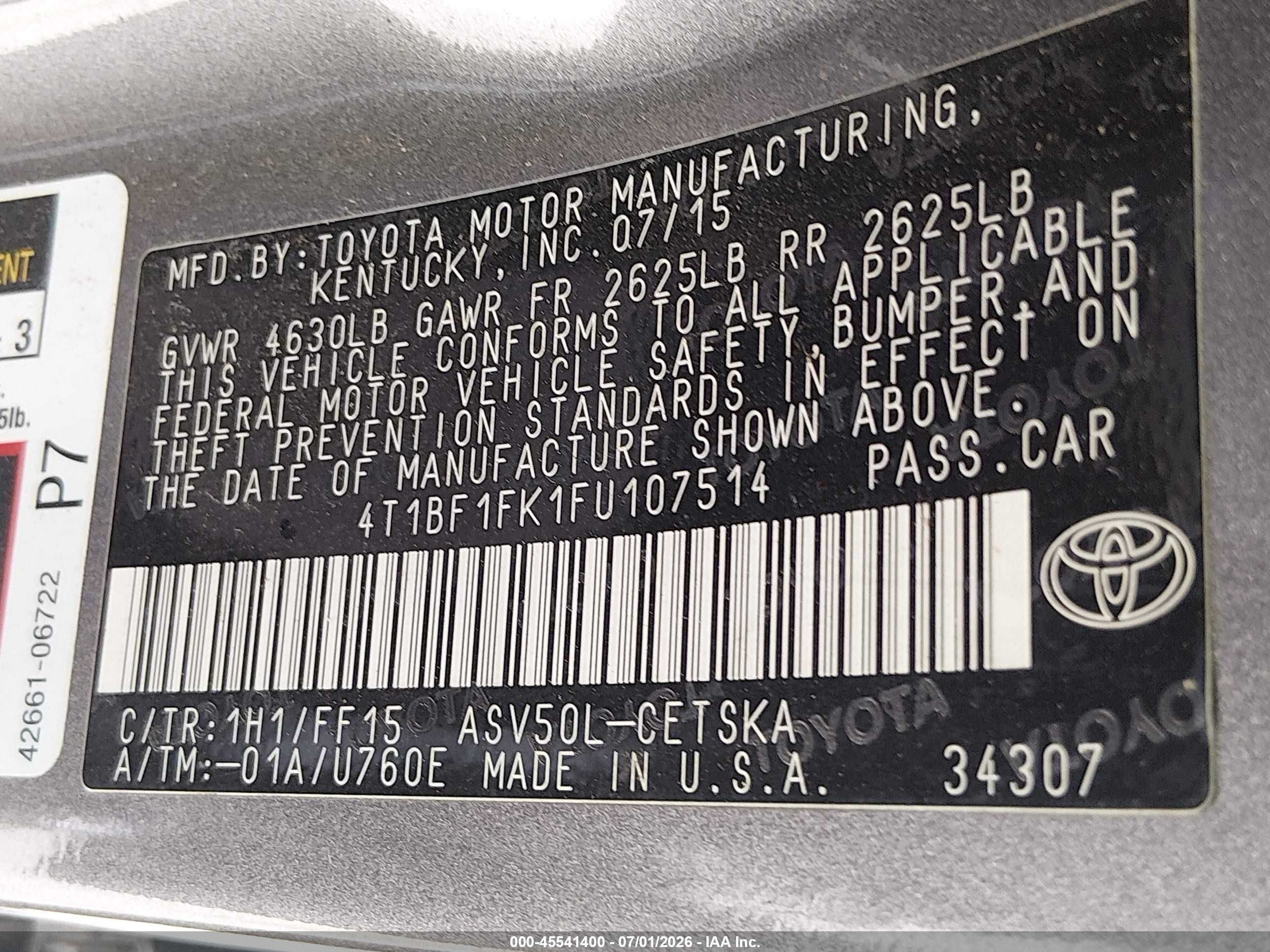 2015 Toyota Camry Se Gray vin: 4T1BF1FK1FU107514