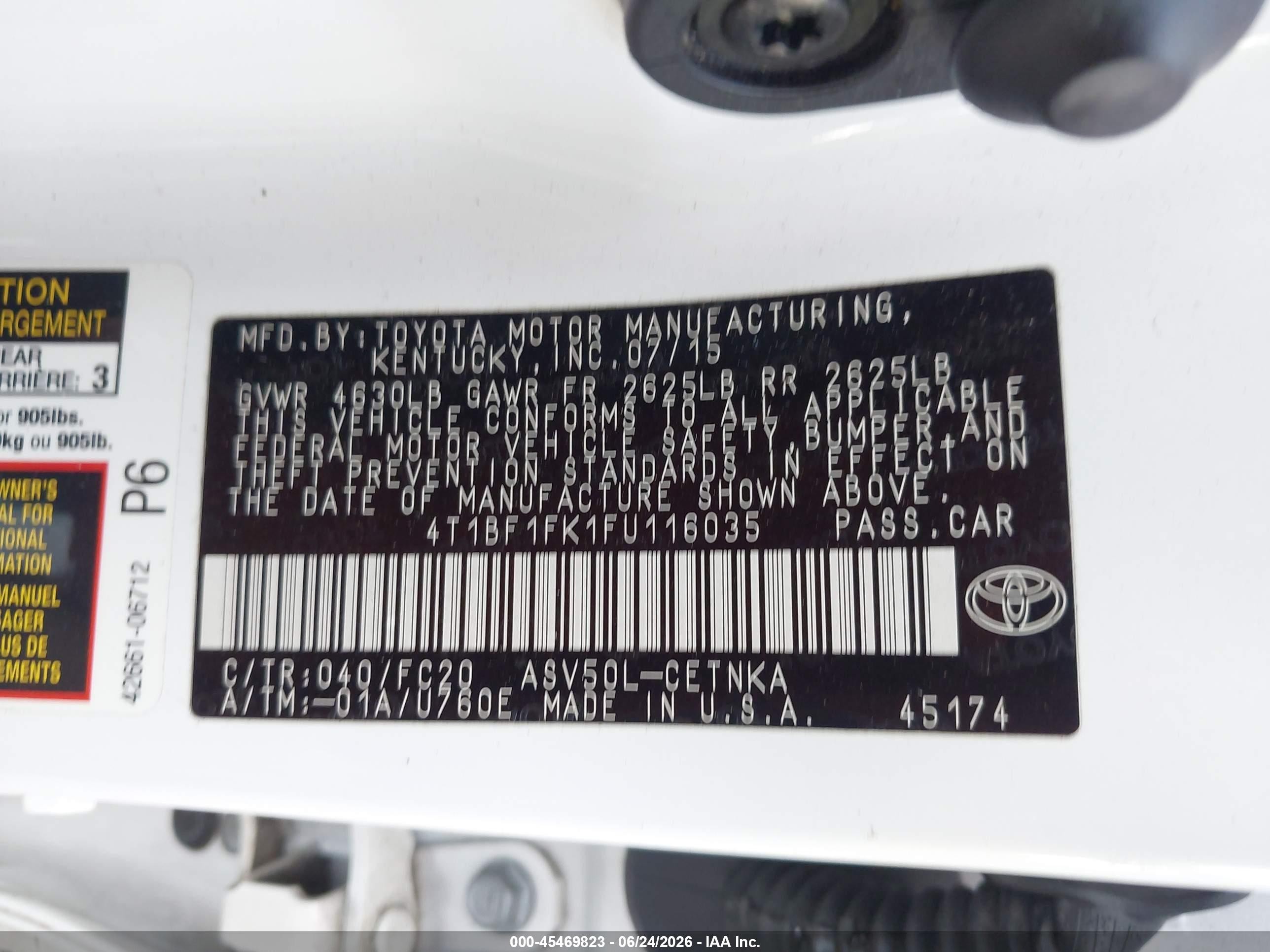 2015 Toyota Camry Le White vin: 4T1BF1FK1FU116035