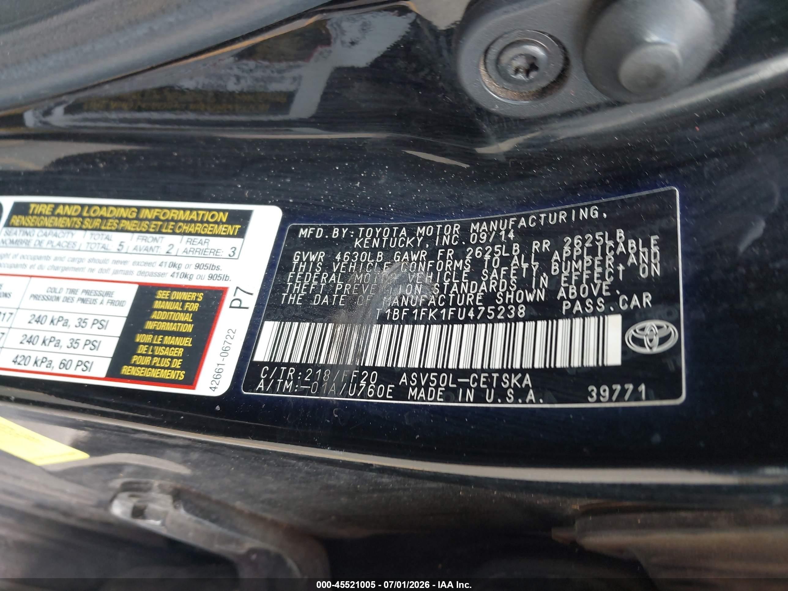 2015 Toyota Camry Se Black vin: 4T1BF1FK1FU475238
