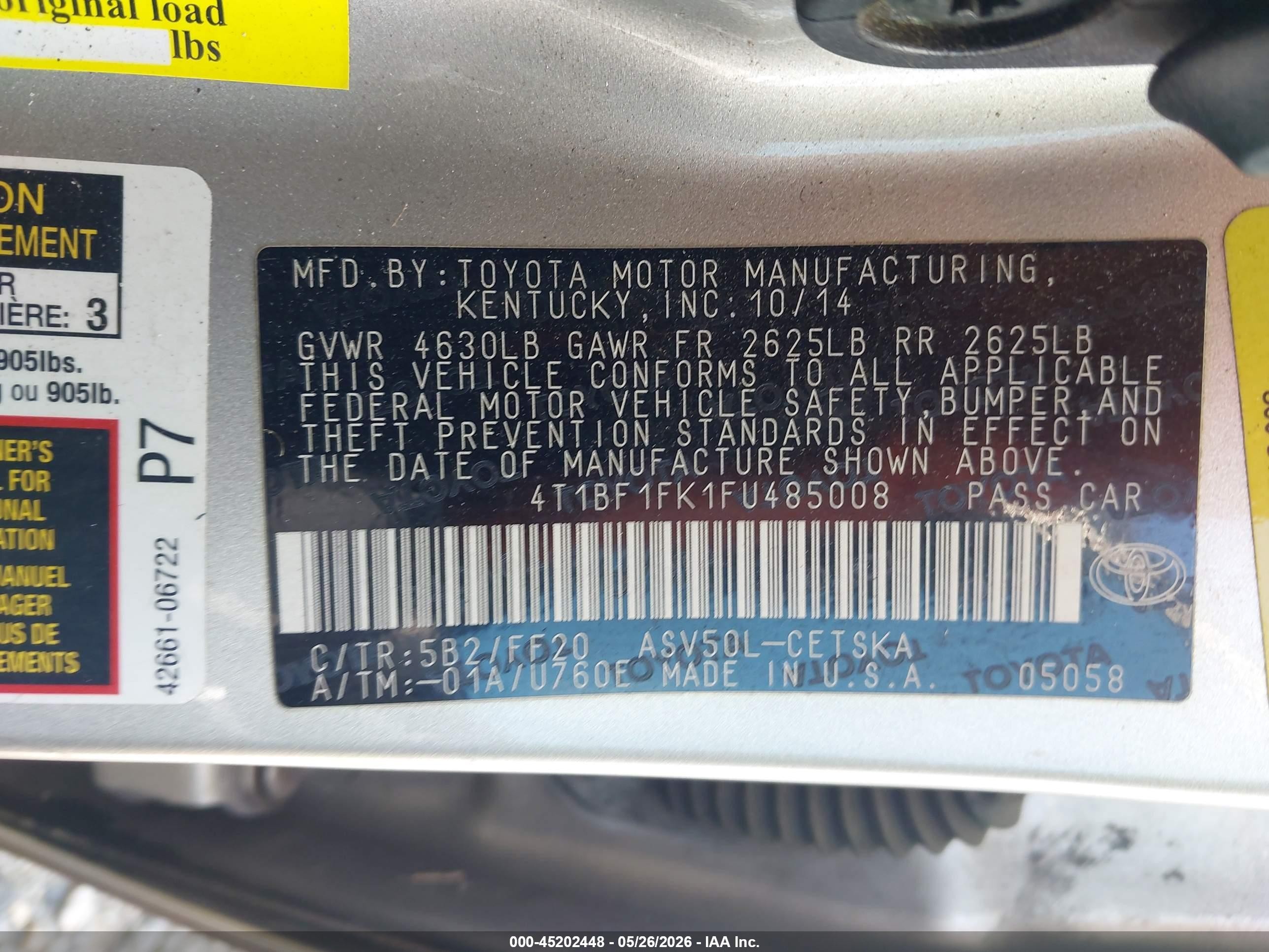 2015 Toyota Camry Se Champagne vin: 4T1BF1FK1FU485008