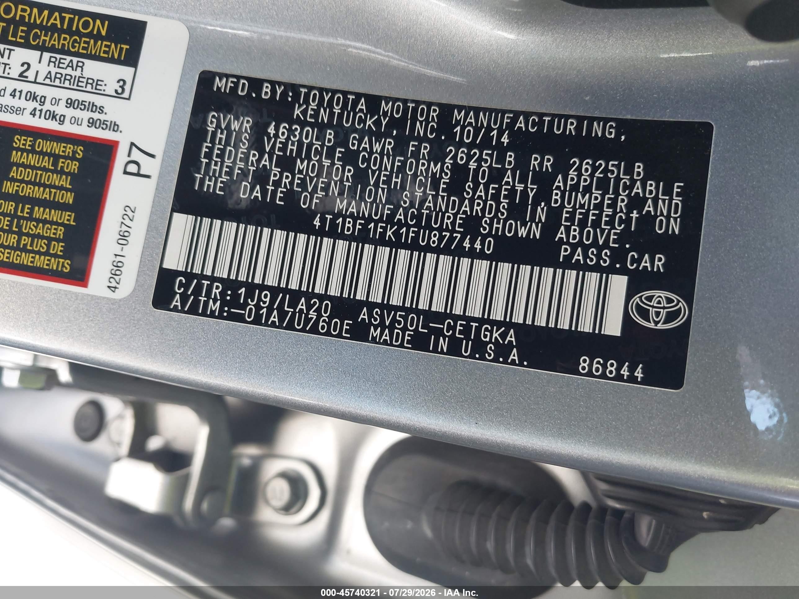 2015 Toyota Camry Xle Gray vin: 4T1BF1FK1FU877440